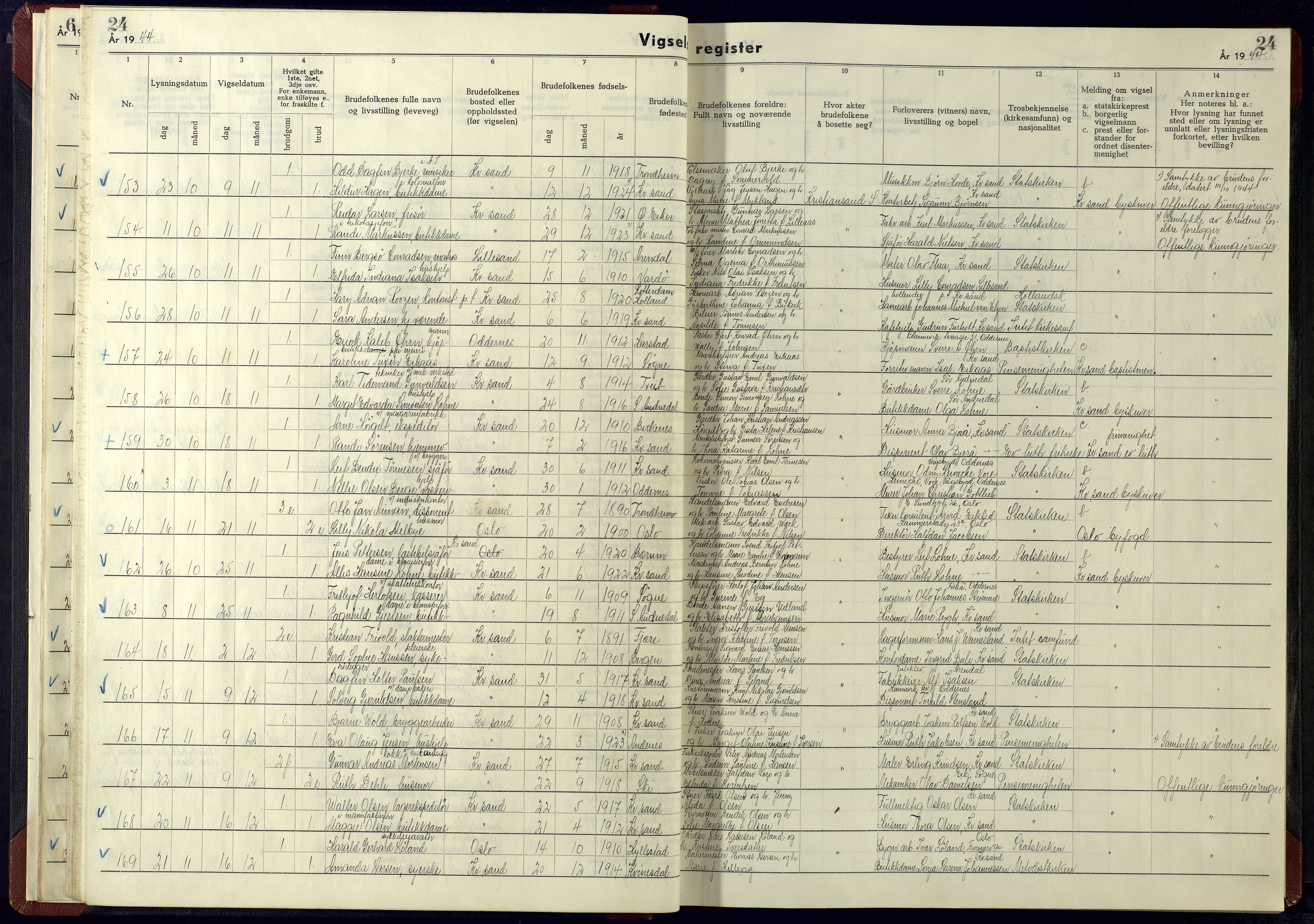 Kristiansand domprosti, AV/SAK-1112-0006/J/Ja/L0003: Vigselsregister nr. A-VI-15, 1942-1945, s. 24
