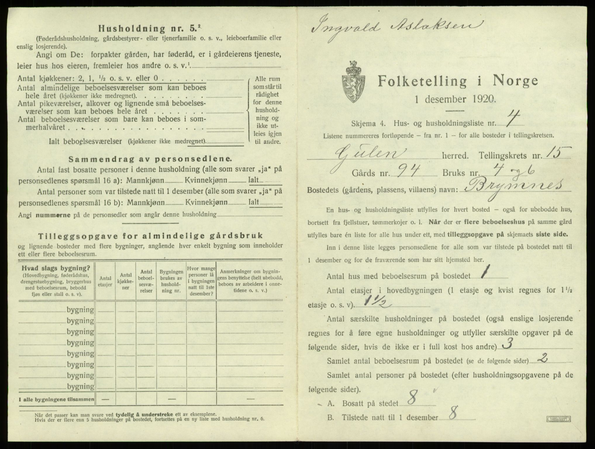 SAB, Folketelling 1920 for 1411 Gulen herred, 1920, s. 926