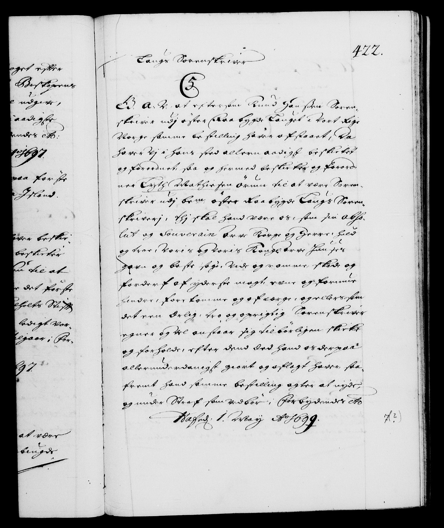 Danske Kanselli 1572-1799, RA/EA-3023/F/Fc/Fca/Fcaa/L0016: Norske registre (mikrofilm), 1692-1697, s. 422a