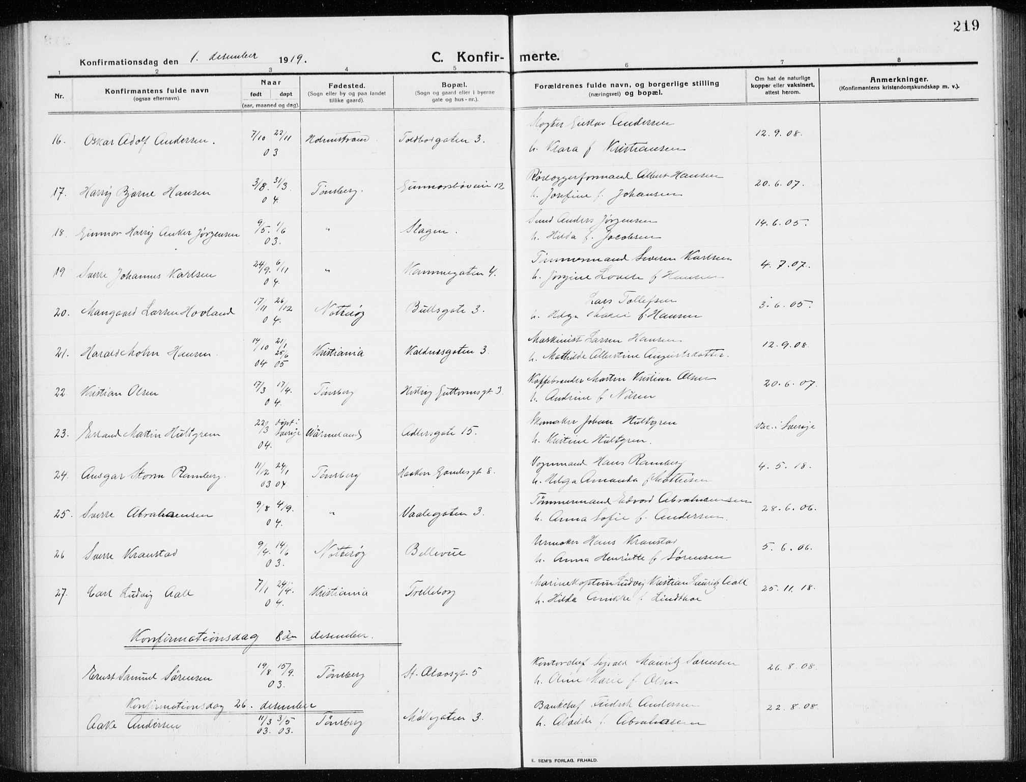 Tønsberg kirkebøker, AV/SAKO-A-330/G/Ga/L0009: Klokkerbok nr. 9, 1913-1920, s. 219