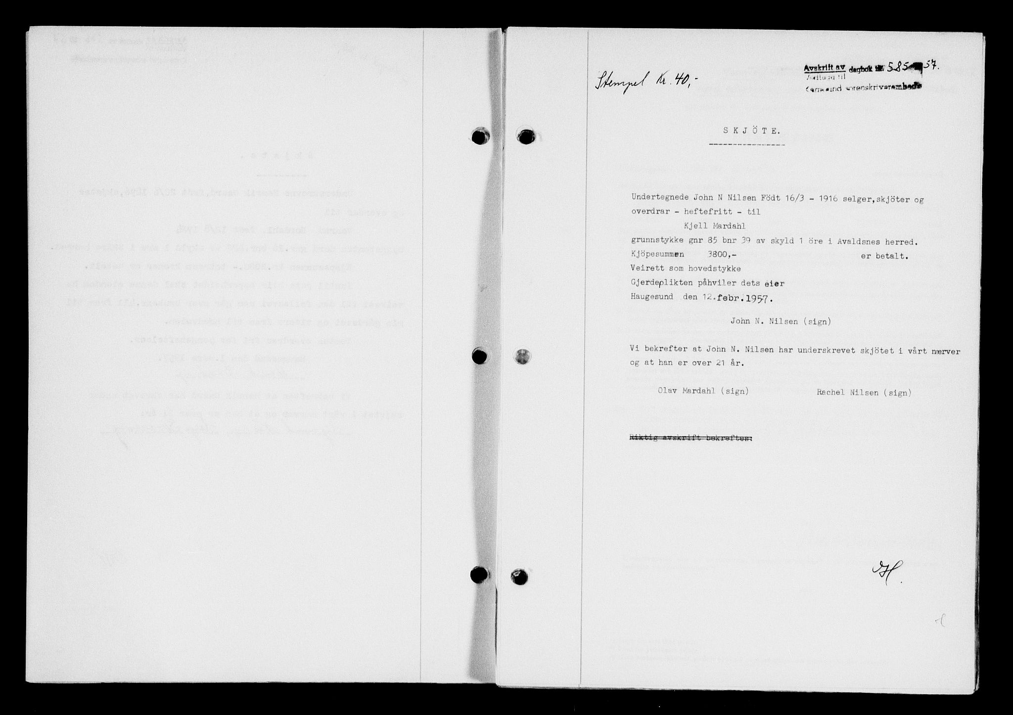 Karmsund sorenskriveri, SAST/A-100311/01/II/IIB/L0124: Pantebok nr. 104A, 1957-1957, Dagboknr: 585/1957