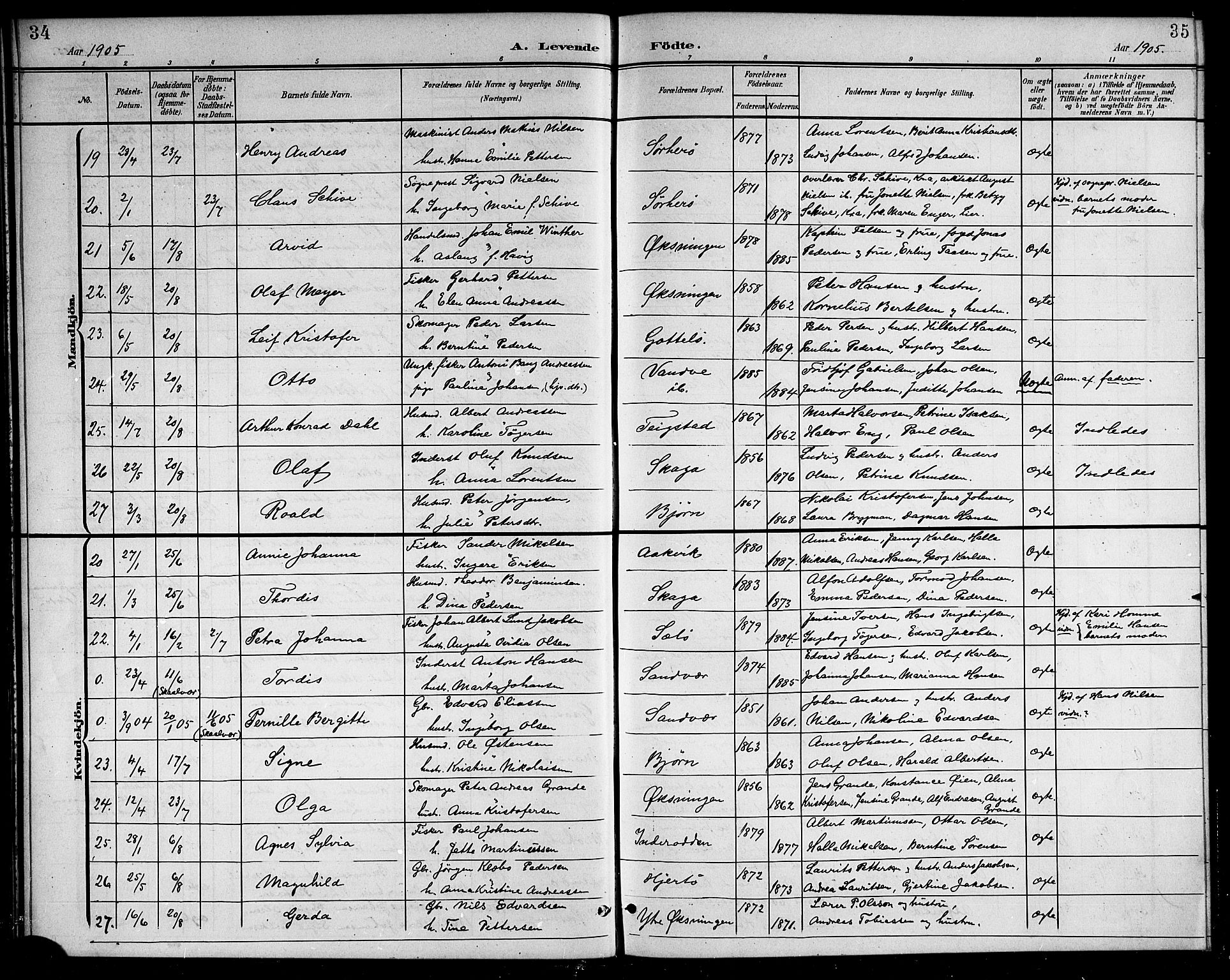 Ministerialprotokoller, klokkerbøker og fødselsregistre - Nordland, AV/SAT-A-1459/834/L0516: Klokkerbok nr. 834C06, 1902-1918, s. 34-35