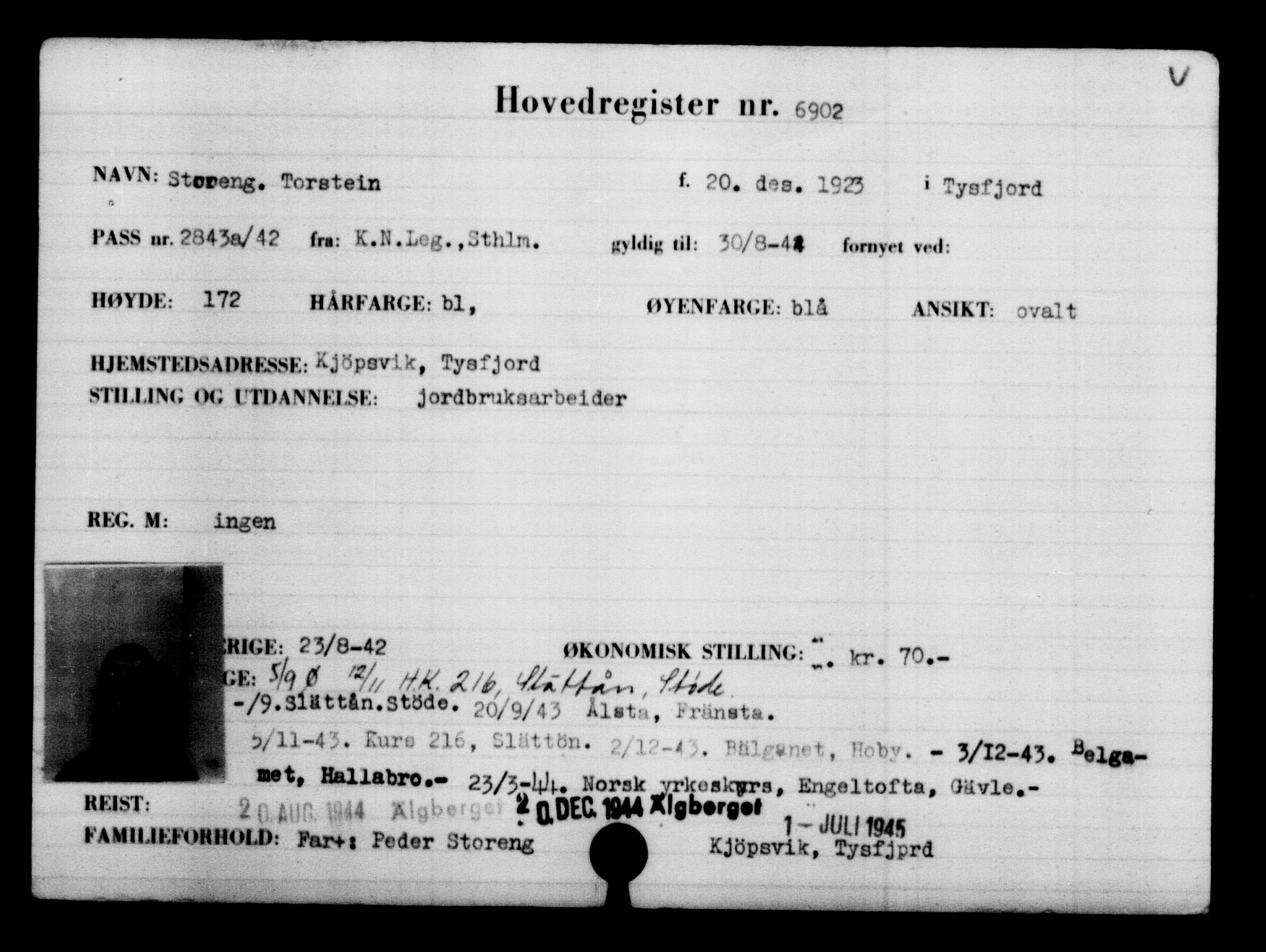 Utenriksstasjonene, Legasjonen i Stockholm, Flyktningkontoret, AV/RA-S-6753/V/Va/L0005: Kjesäterkartoteket, flyktning nr. 6600-9417, 1940-1945, s. 367