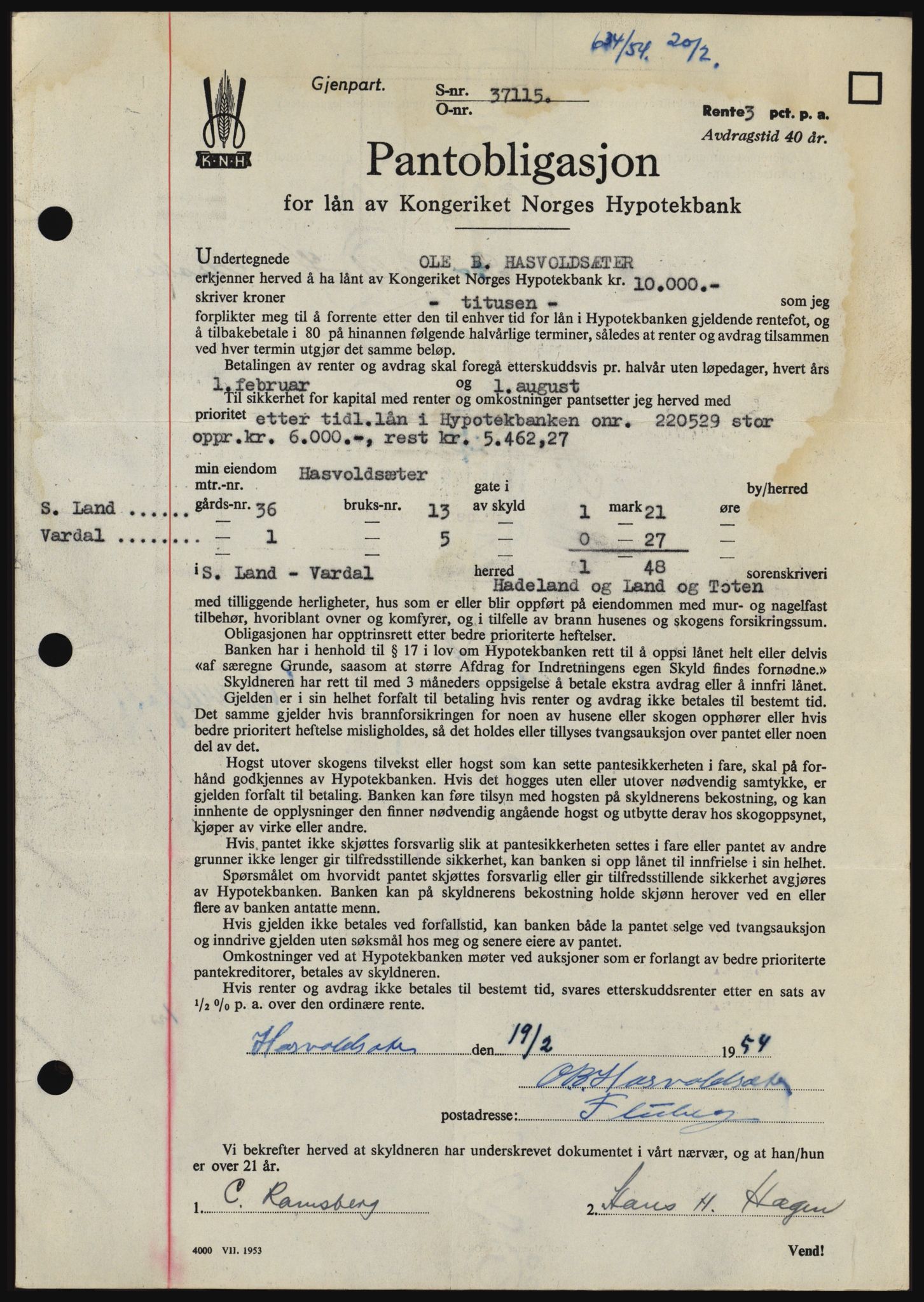 Hadeland og Land tingrett, SAH/TING-010/H/Hb/Hbc/L0029: Pantebok nr. B29, 1954-1954, Dagboknr: 634/1954