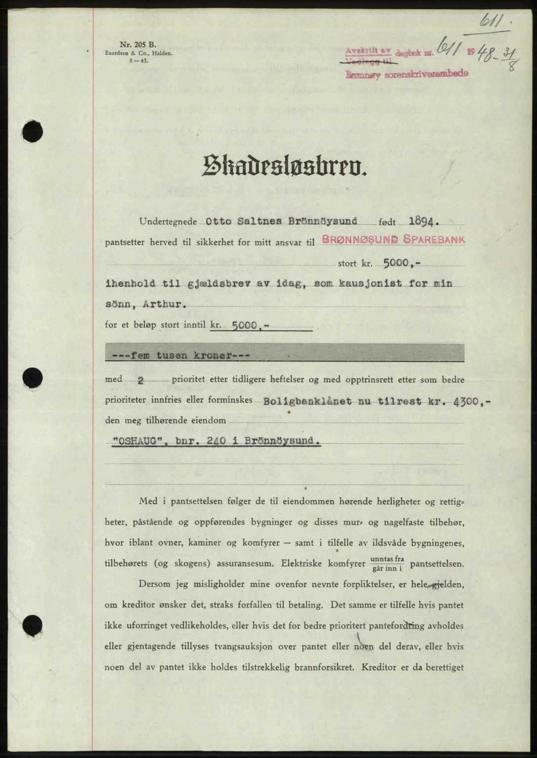 Brønnøy sorenskriveri, SAT/A-4170/1/2/2C: Pantebok nr. 30, 1948-1948, Dagboknr: 611/1948