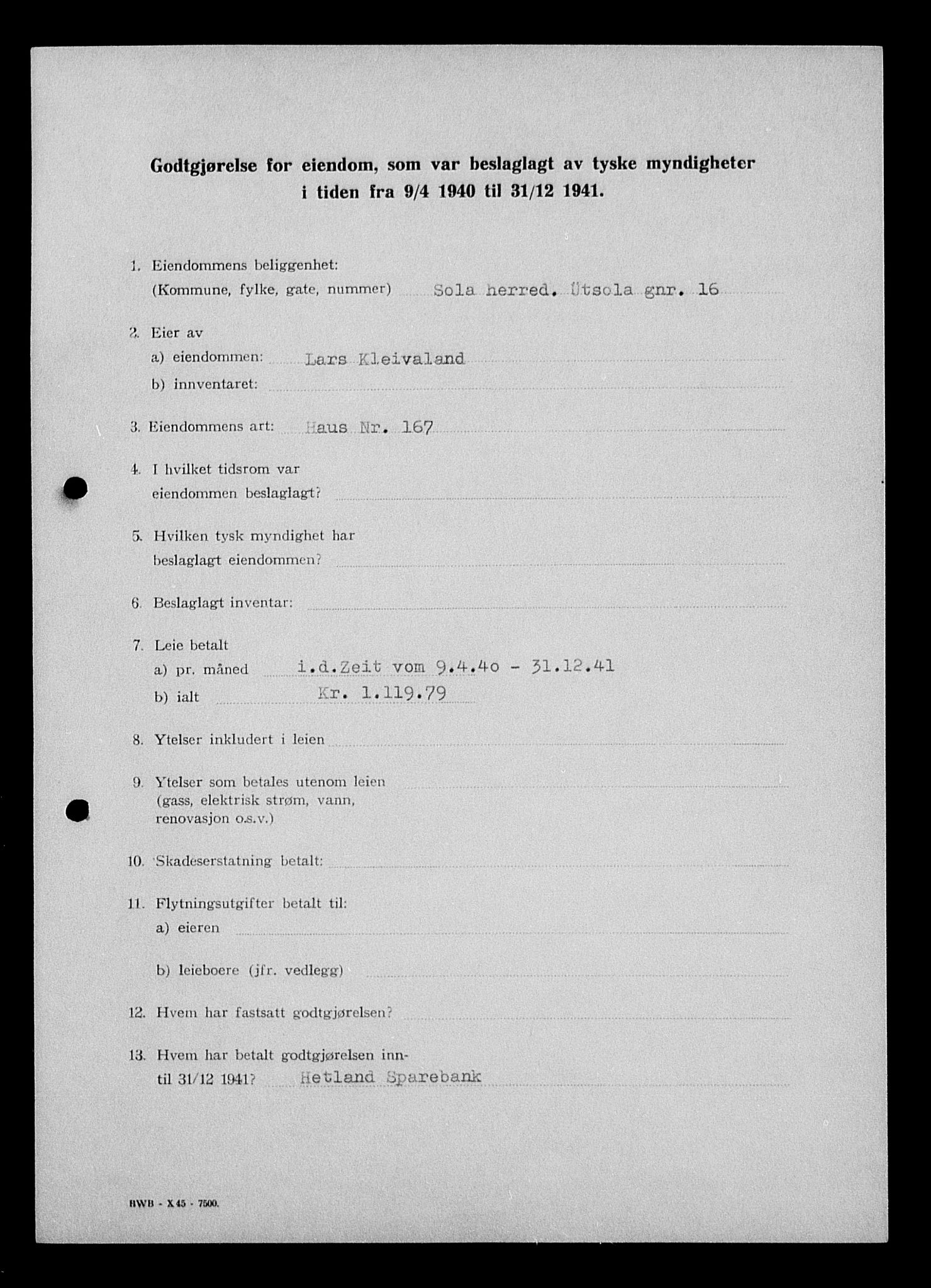 Justisdepartementet, Tilbakeføringskontoret for inndratte formuer, AV/RA-S-1564/I/L1014: Godtgjørelse for beslaglagt eiendom, 1940-1941, s. 414
