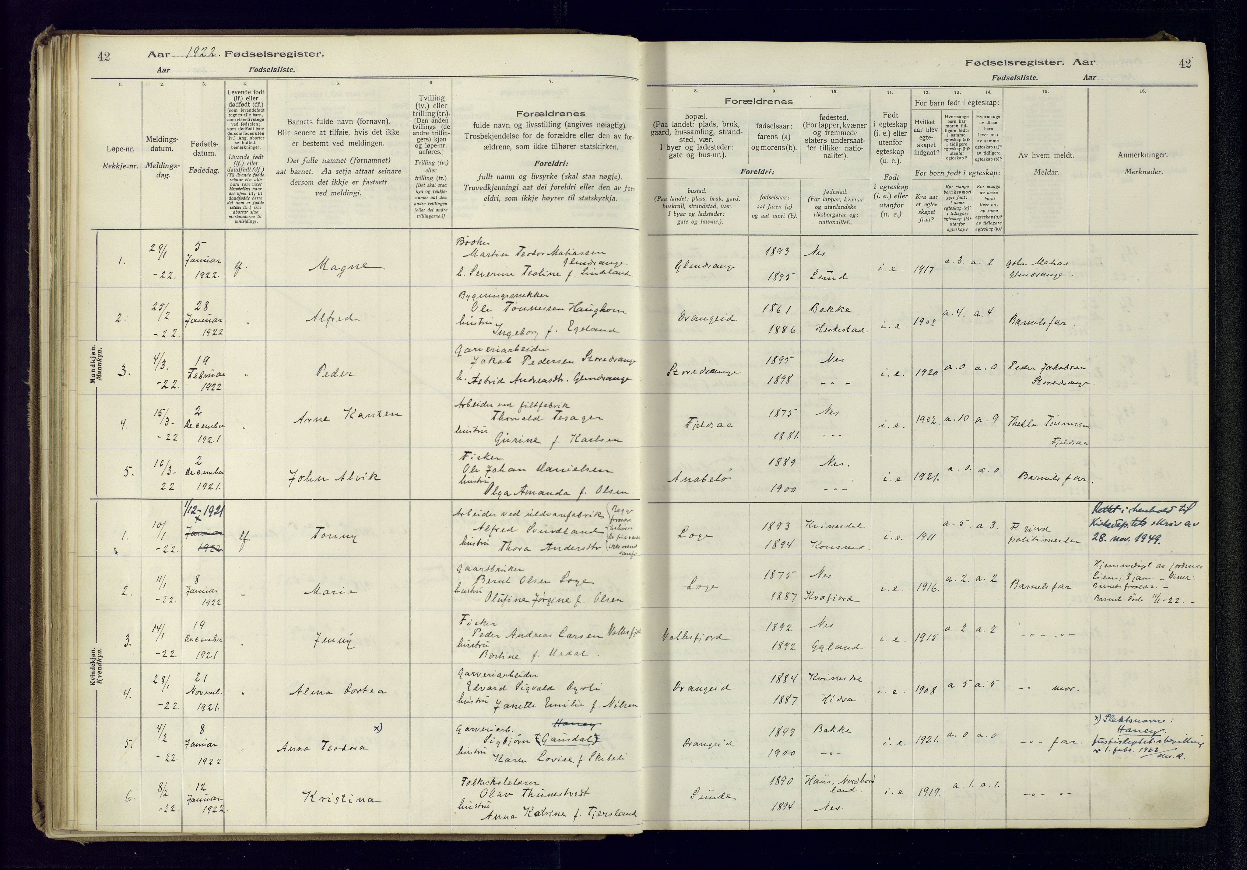 Flekkefjord sokneprestkontor, SAK/1111-0012/J/Ja/L0005: Fødselsregister nr. 5, 1916-1950, s. 42