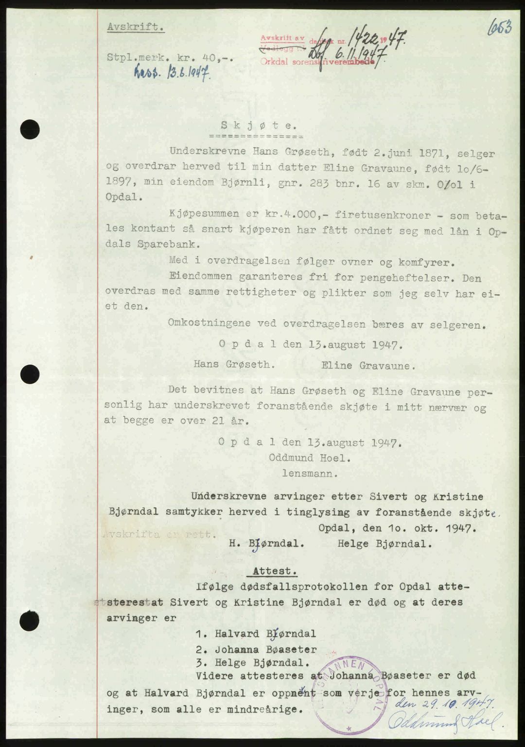 Orkdal sorenskriveri, SAT/A-4169/1/2/2C: Pantebok nr. A, 1947-1947, Dagboknr: 1422/1947