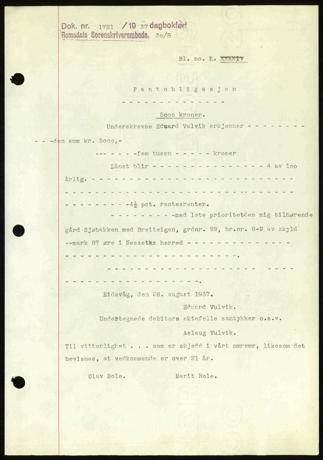 Romsdal sorenskriveri, SAT/A-4149/1/2/2C: Pantebok nr. B1, 1936-1939, Dagboknr: 1721/1937
