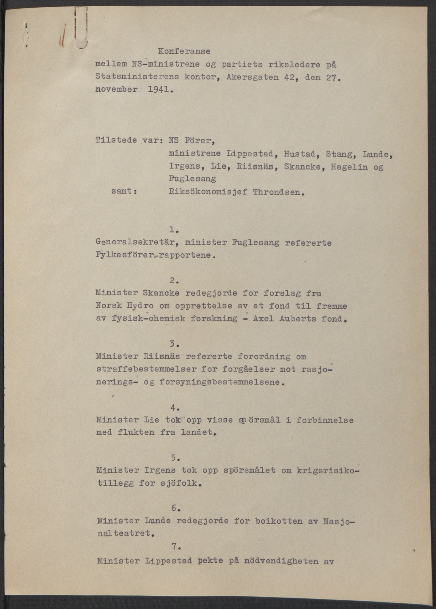 NS-administrasjonen 1940-1945 (Statsrådsekretariatet, de kommisariske statsråder mm), AV/RA-S-4279/D/Db/L0074: De kommisariske statsråder, 1940-1942