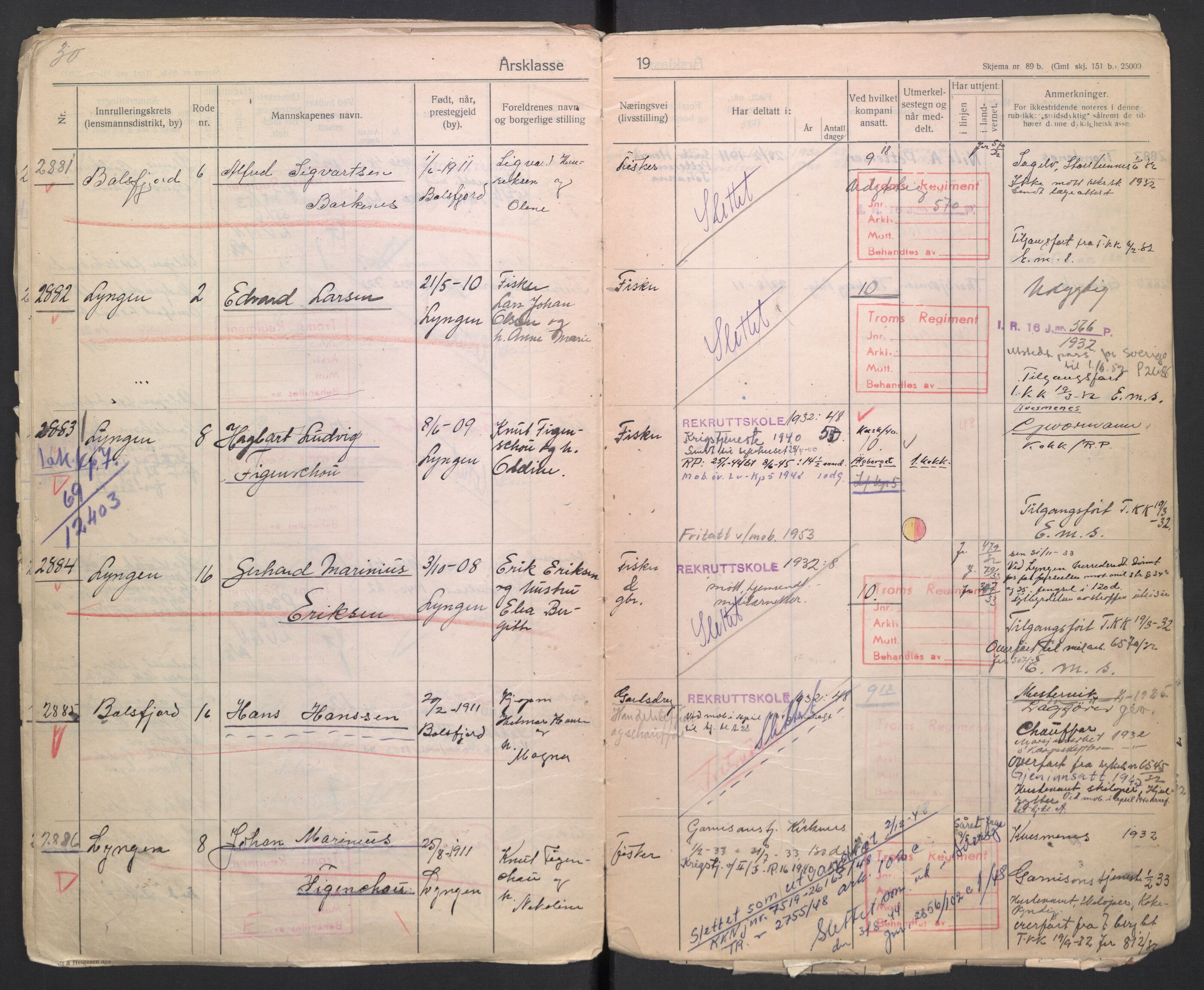 Forsvaret, Troms infanteriregiment nr. 16, AV/RA-RAFA-3146/P/Pa/L0006/0003: Ruller / Rulle for Lyngen bataljons menige mannskaper, årsklasse 1932, 1932, s. 30