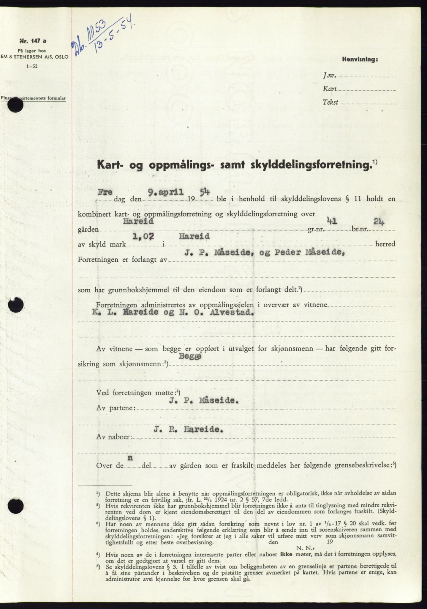 Søre Sunnmøre sorenskriveri, SAT/A-4122/1/2/2C/L0097: Pantebok nr. 23A, 1954-1954, Dagboknr: 1153/1954