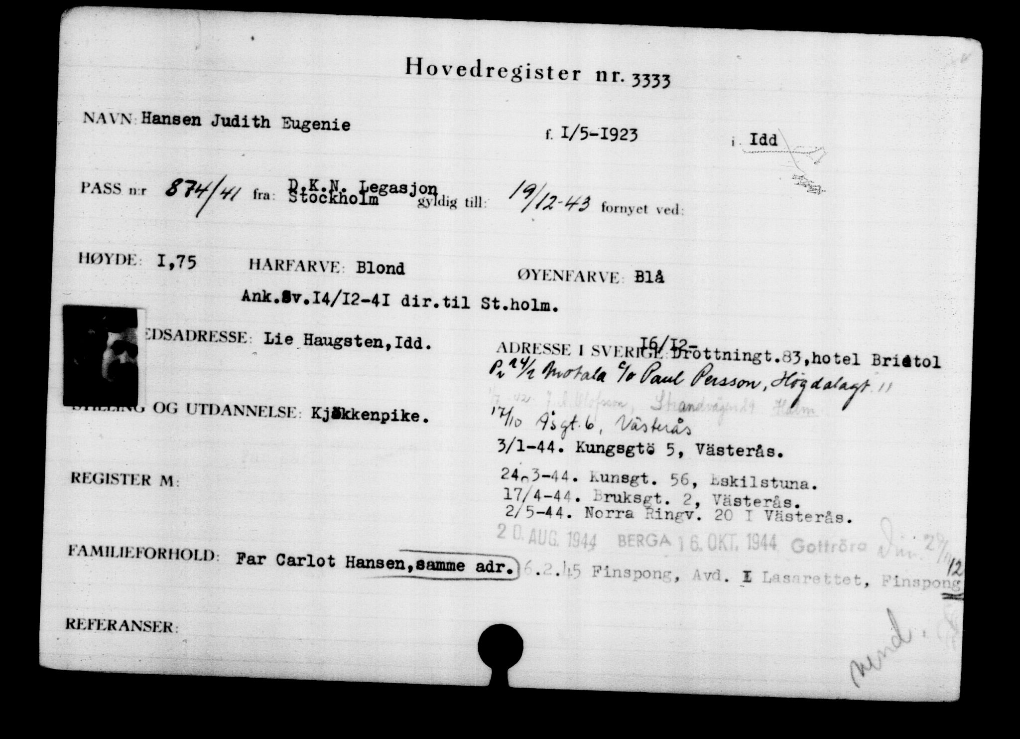 Utenriksstasjonene, Legasjonen i Stockholm, Flyktningkontoret, AV/RA-S-6753/V/Va/L0003: Kjesäterkartoteket, flyktninger med registreringsnr. 2001-3495, 1940-1945, s. 1821
