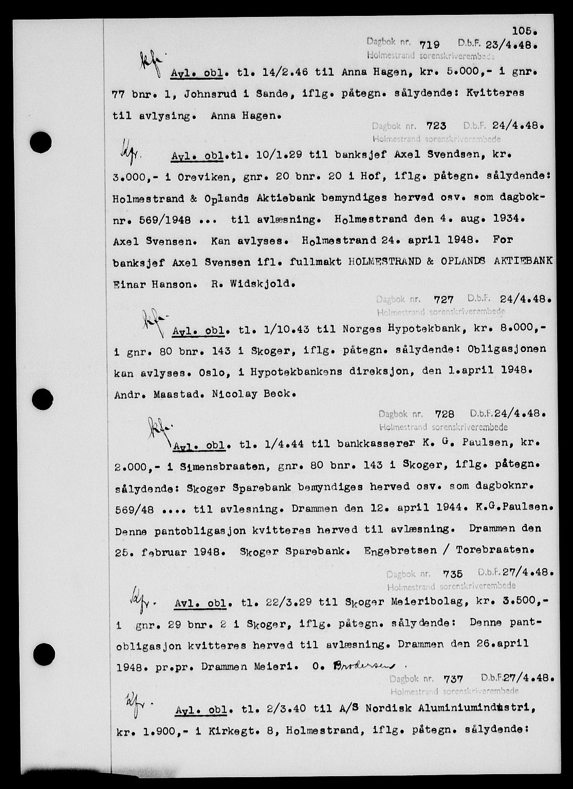 Holmestrand sorenskriveri, SAKO/A-67/G/Ga/Gab/L0058: Pantebok nr. B-58, 1947-1948, s. 105, Dagboknr: 719/1948