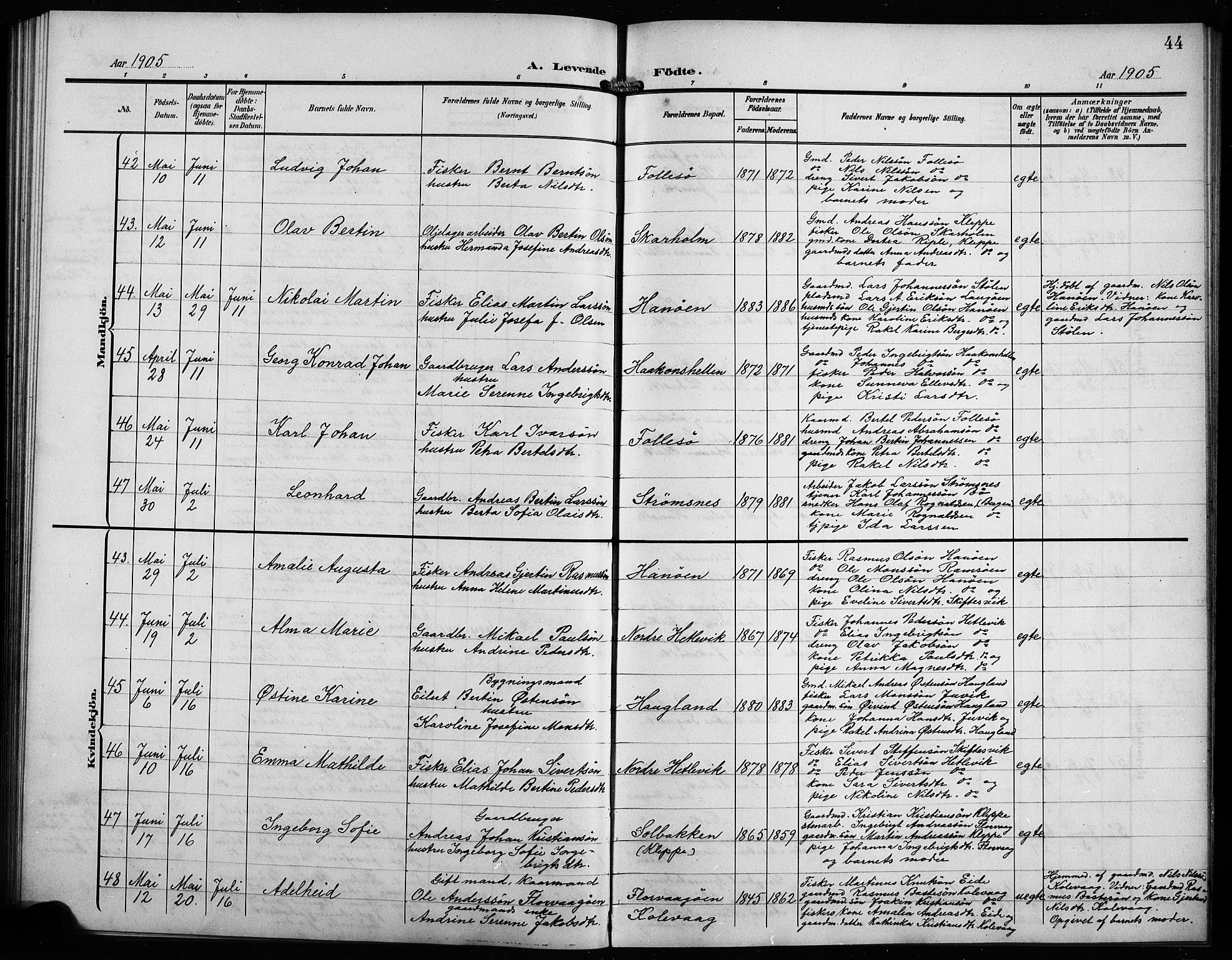 Askøy Sokneprestembete, AV/SAB-A-74101/H/Ha/Hab/Haba/L0010: Klokkerbok nr. A 10, 1903-1907, s. 44