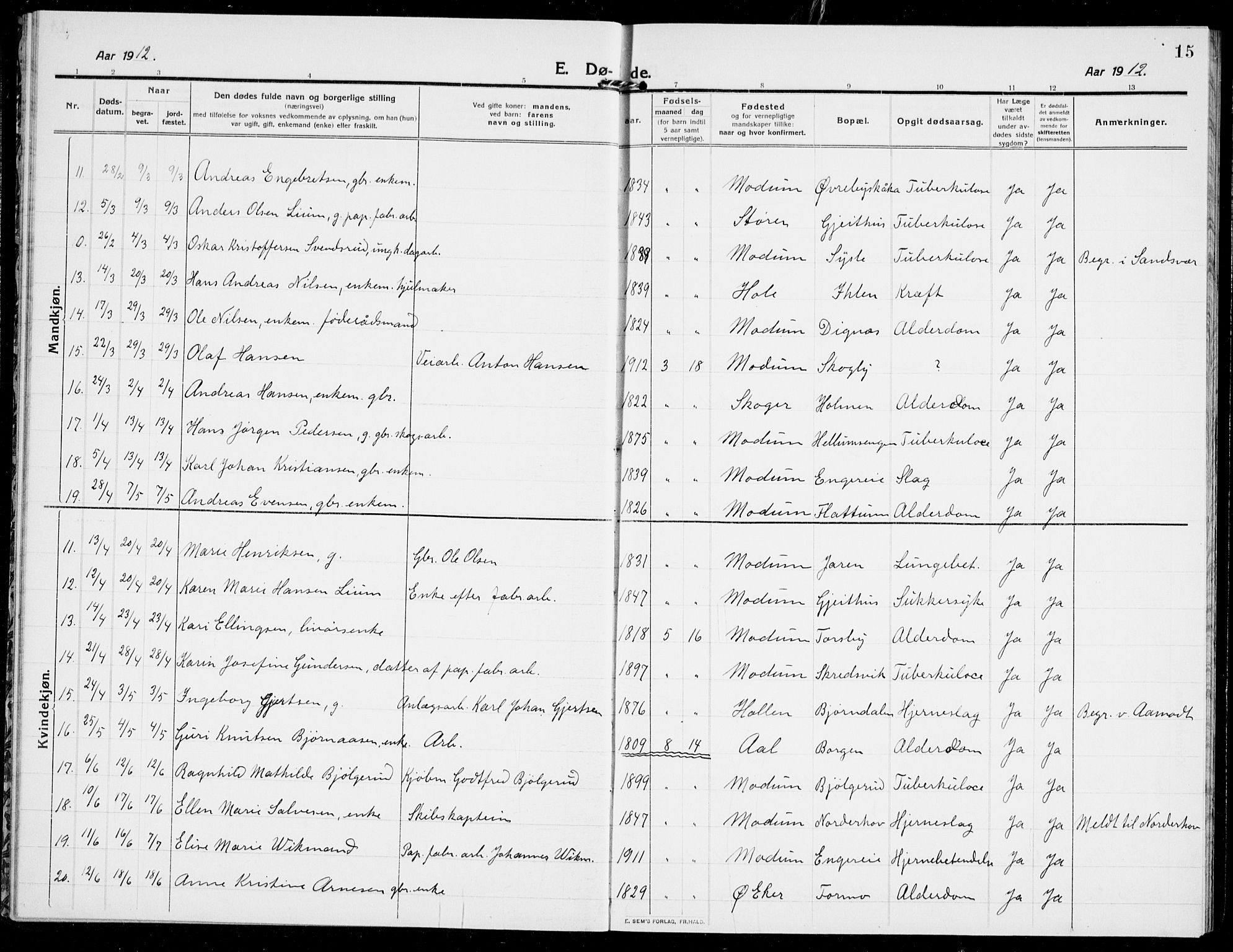 Modum kirkebøker, AV/SAKO-A-234/G/Ga/L0011: Klokkerbok nr. I 11, 1910-1925, s. 15