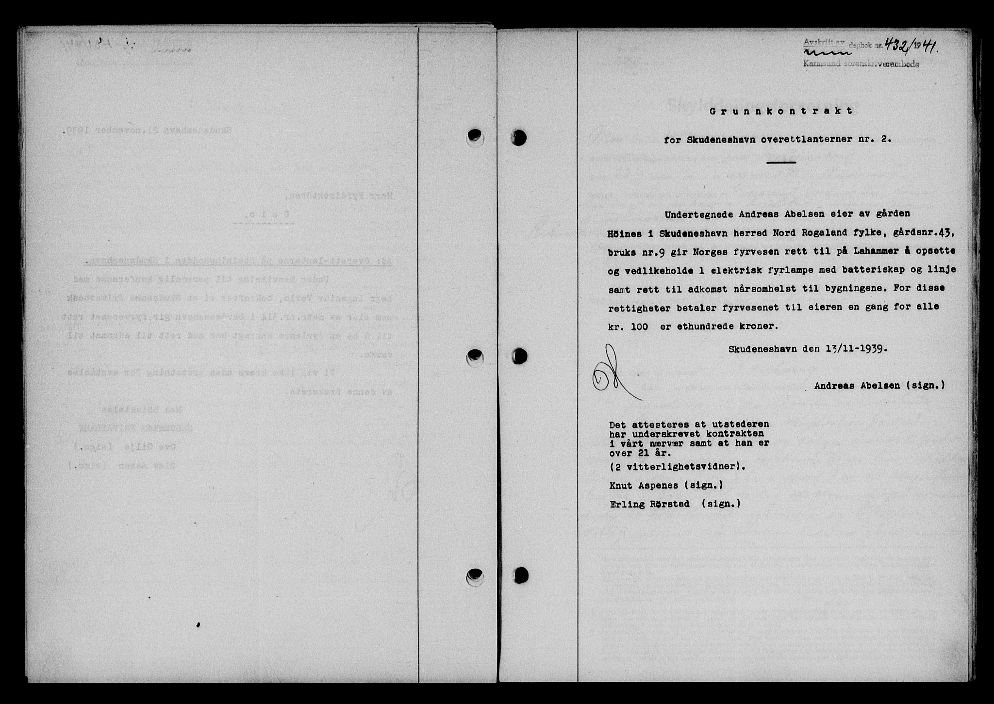 Karmsund sorenskriveri, SAST/A-100311/01/II/IIB/L0074: Pantebok nr. 55A, 1940-1941, Dagboknr: 432/1941