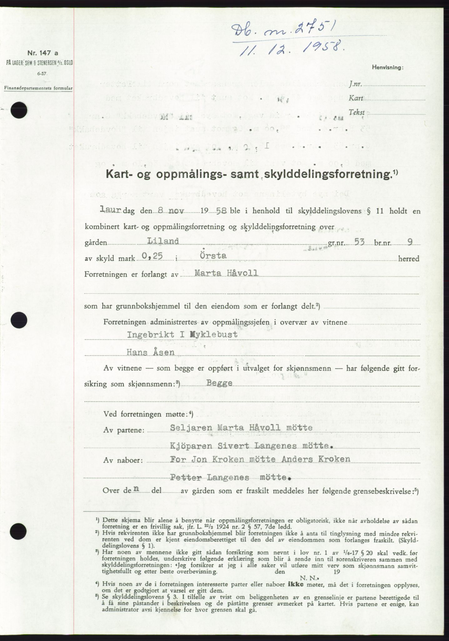 Søre Sunnmøre sorenskriveri, SAT/A-4122/1/2/2C/L0111: Pantebok nr. 37A, 1958-1959, Dagboknr: 2751/1958