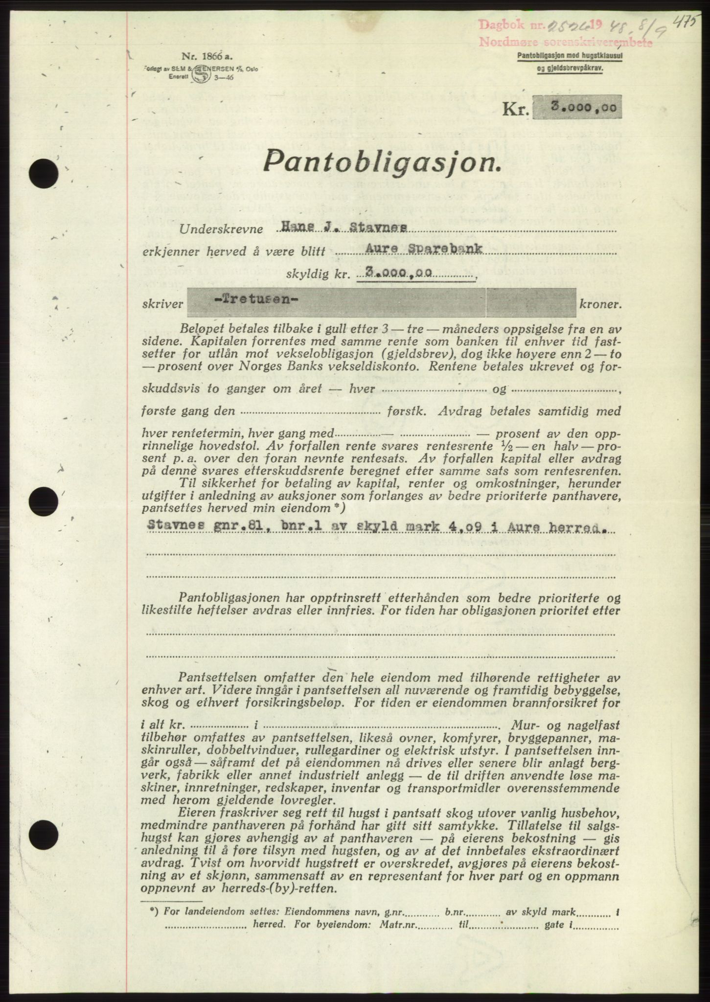 Nordmøre sorenskriveri, AV/SAT-A-4132/1/2/2Ca: Pantebok nr. B99, 1948-1948, Dagboknr: 2526/1948