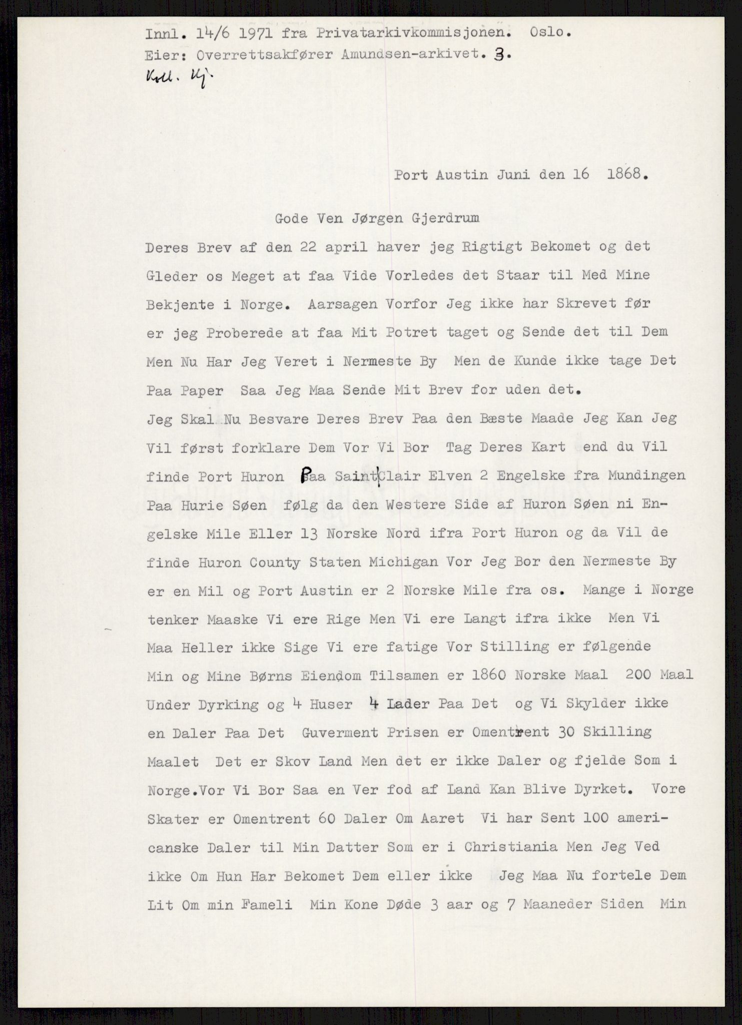 Samlinger til kildeutgivelse, Amerikabrevene, AV/RA-EA-4057/F/L0004: Innlån fra Akershus: Amundsenarkivet - Breen, 1838-1914, s. 41