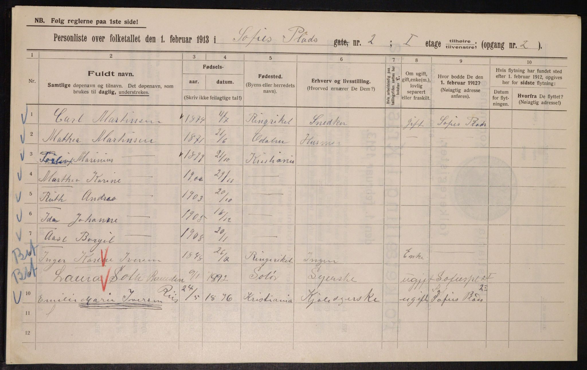 OBA, Kommunal folketelling 1.2.1913 for Kristiania, 1913, s. 99394