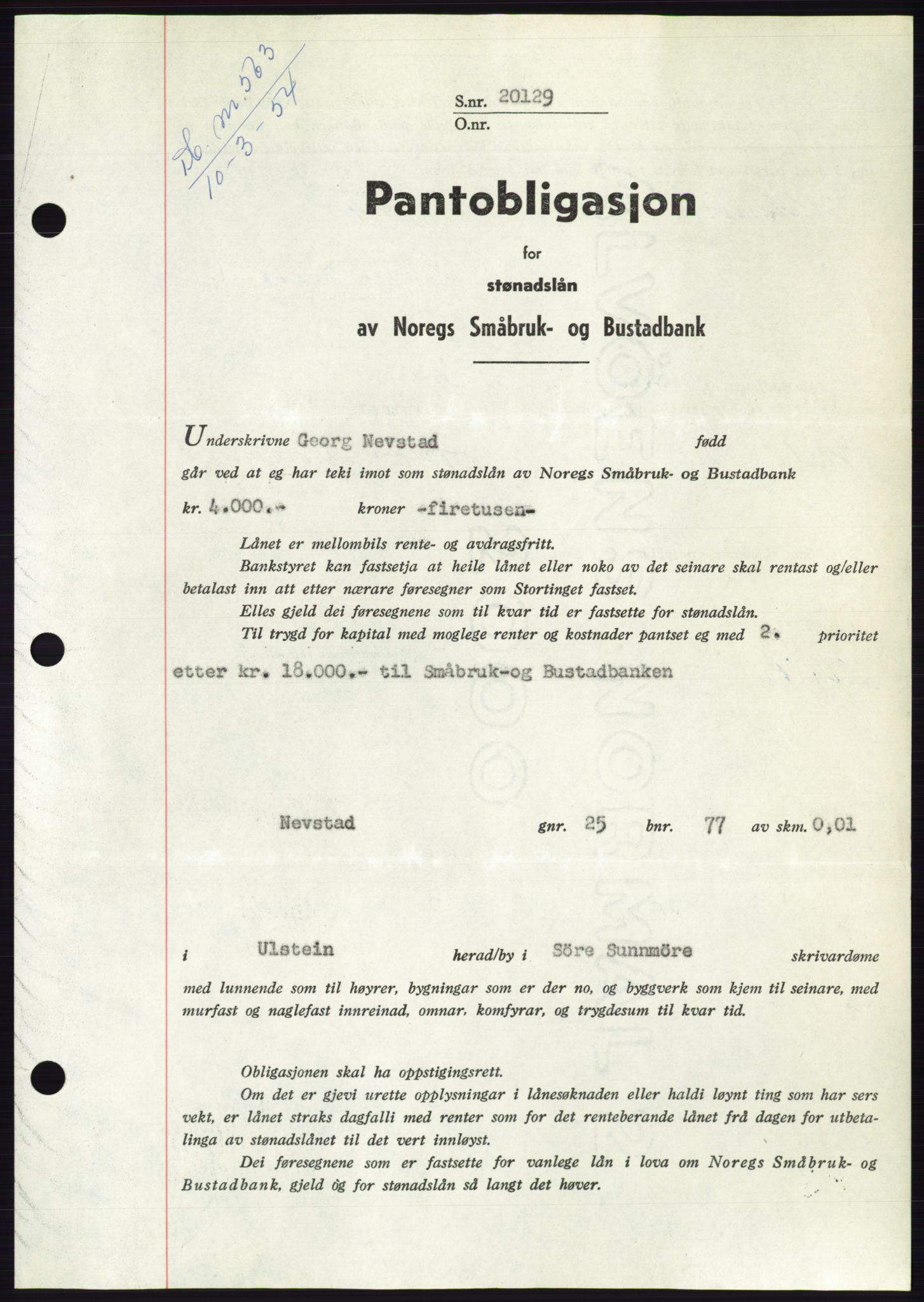 Søre Sunnmøre sorenskriveri, AV/SAT-A-4122/1/2/2C/L0124: Pantebok nr. 12B, 1953-1954, Dagboknr: 563/1954
