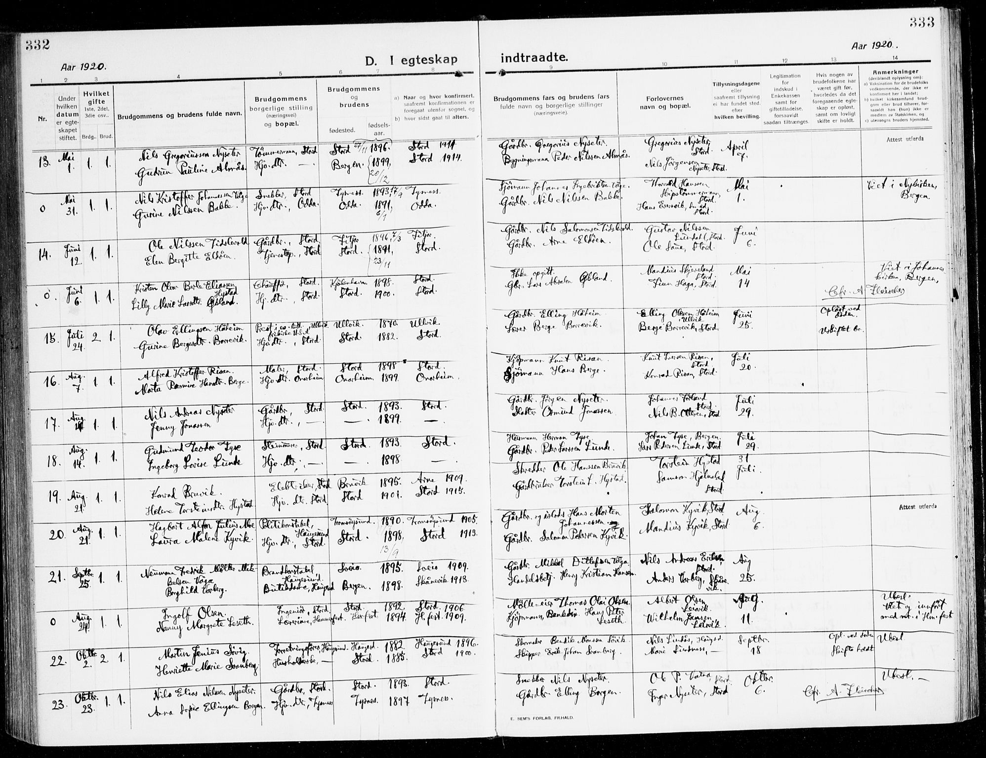 Stord sokneprestembete, SAB/A-78201/H/Haa: Ministerialbok nr. B 3, 1913-1925, s. 332-333