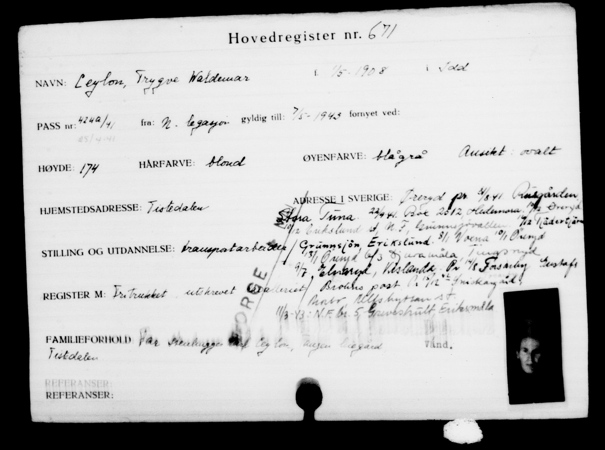 Utenriksstasjonene, Legasjonen i Stockholm, Flyktningkontoret, AV/RA-S-6753/V/Va/L0001: Kjesäterkartoteket, flyktninger med registreringsnr. 1-1000, 1940-1945, s. 1050