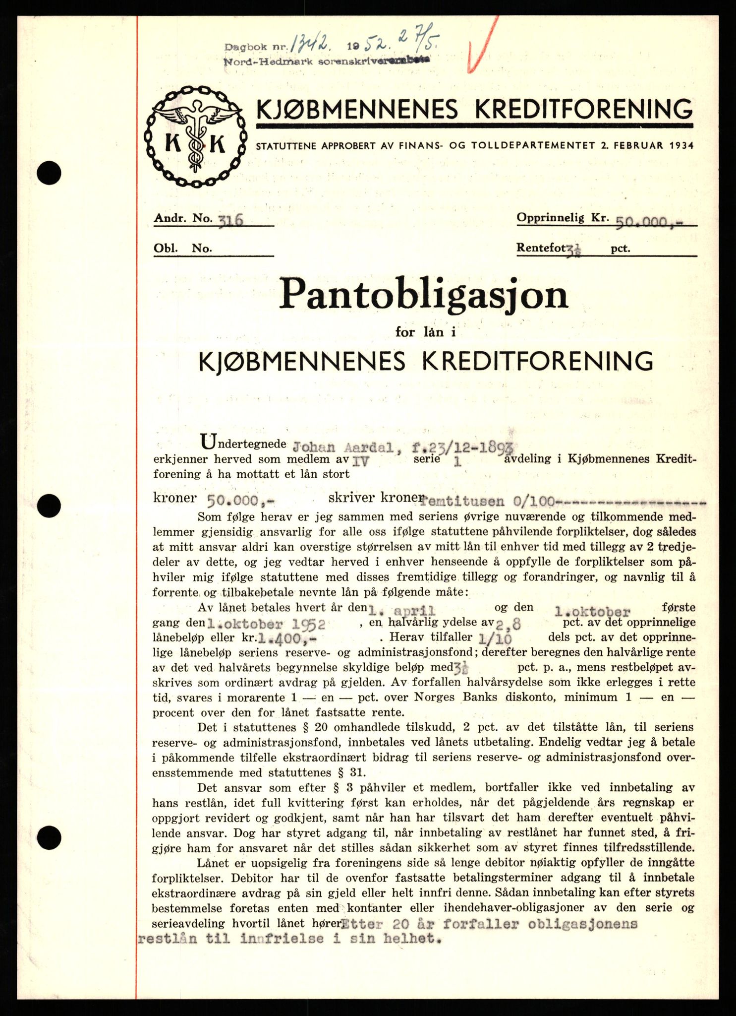 Nord-Hedmark sorenskriveri, SAH/TING-012/H/Hb/Hbf/L0025: Pantebok nr. B25, 1952-1952, Dagboknr: 1342/1952