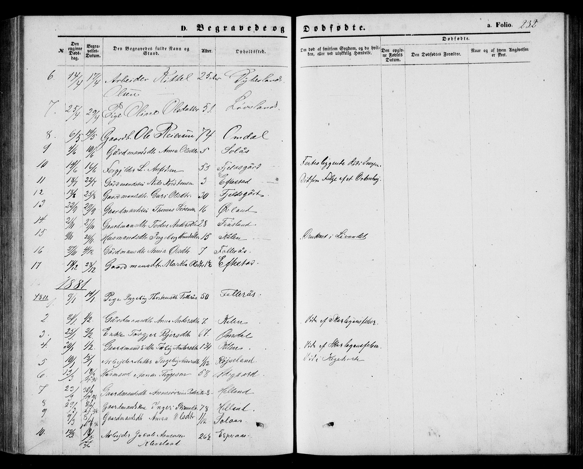 Bjelland sokneprestkontor, AV/SAK-1111-0005/F/Fb/Fbb/L0004: Klokkerbok nr. B 4, 1867-1887, s. 232