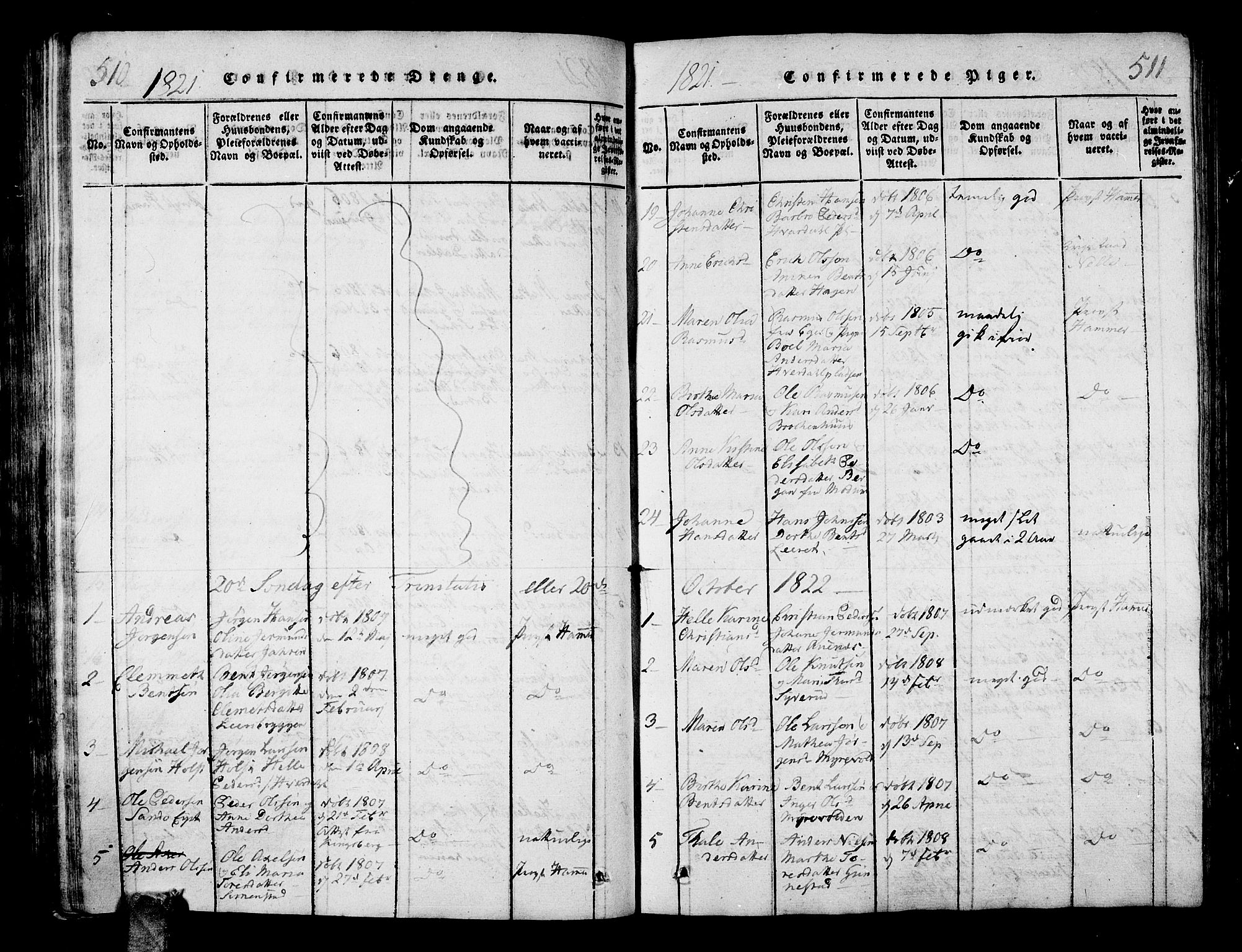 Sande Kirkebøker, SAKO/A-53/G/Ga/L0001: Klokkerbok nr. 1, 1814-1847, s. 510-511