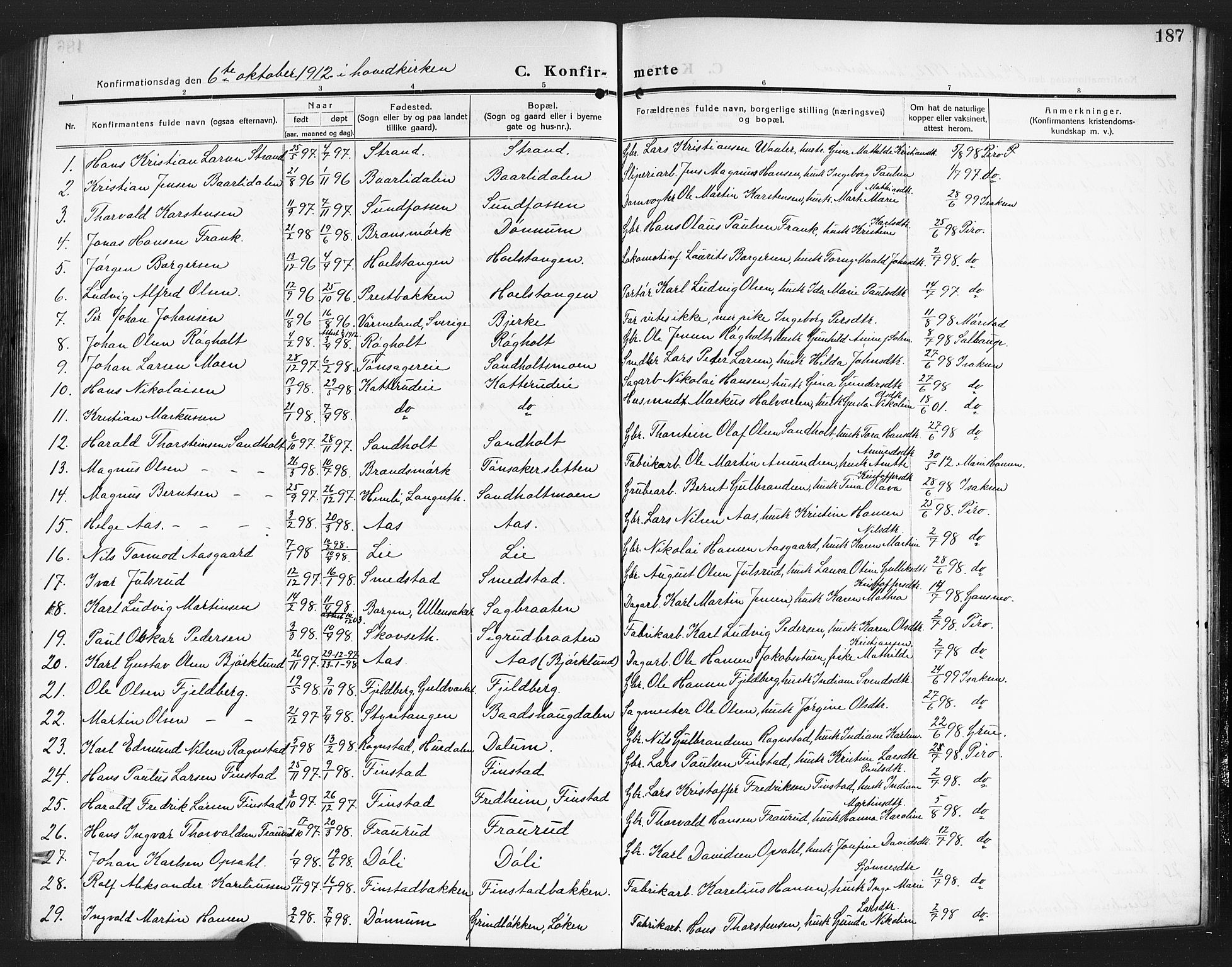 Eidsvoll prestekontor Kirkebøker, AV/SAO-A-10888/G/Ga/L0008: Klokkerbok nr. I 8, 1909-1918, s. 187
