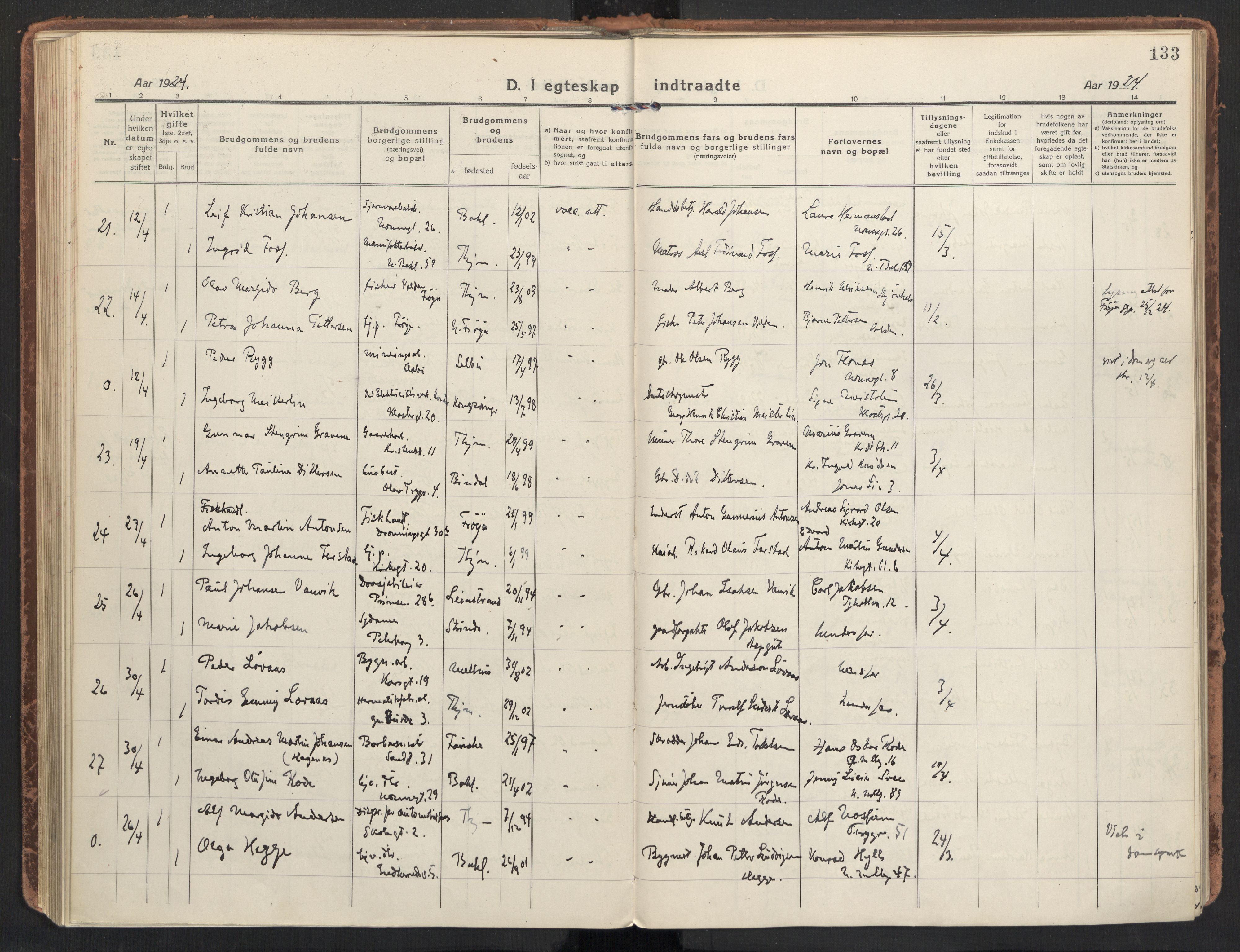 Ministerialprotokoller, klokkerbøker og fødselsregistre - Sør-Trøndelag, AV/SAT-A-1456/604/L0206: Ministerialbok nr. 604A26, 1917-1931, s. 133