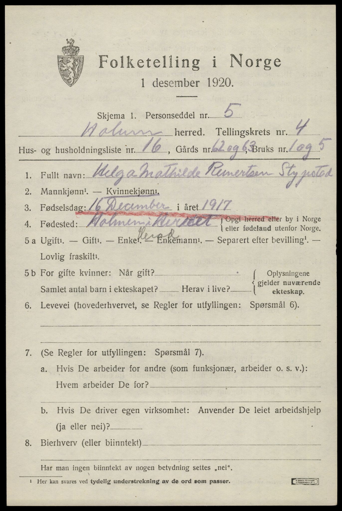 SAK, Folketelling 1920 for 1020 Holum herred, 1920, s. 2097