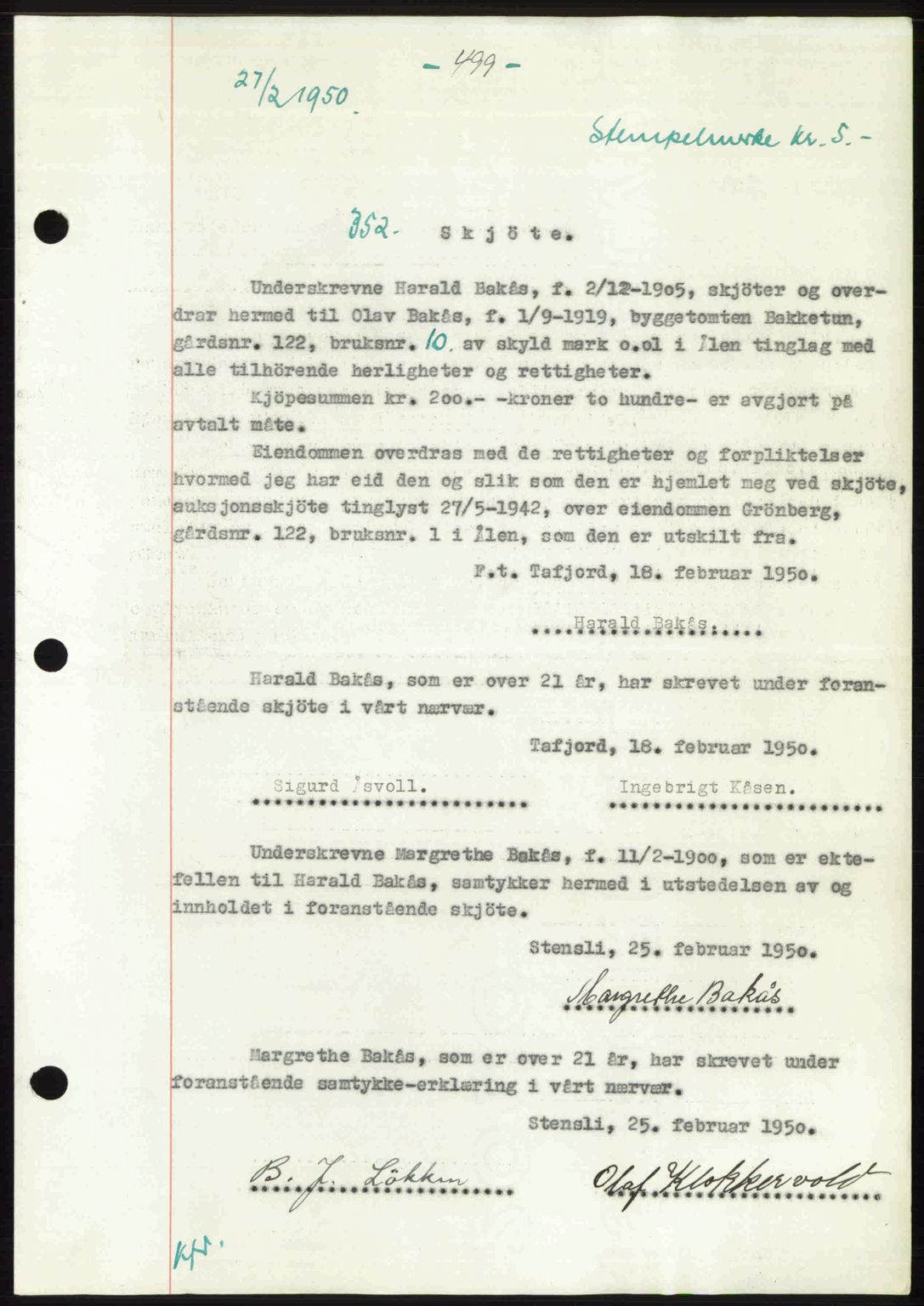 Gauldal sorenskriveri, SAT/A-0014/1/2/2C: Pantebok nr. A9, 1949-1950, Dagboknr: 352/1950