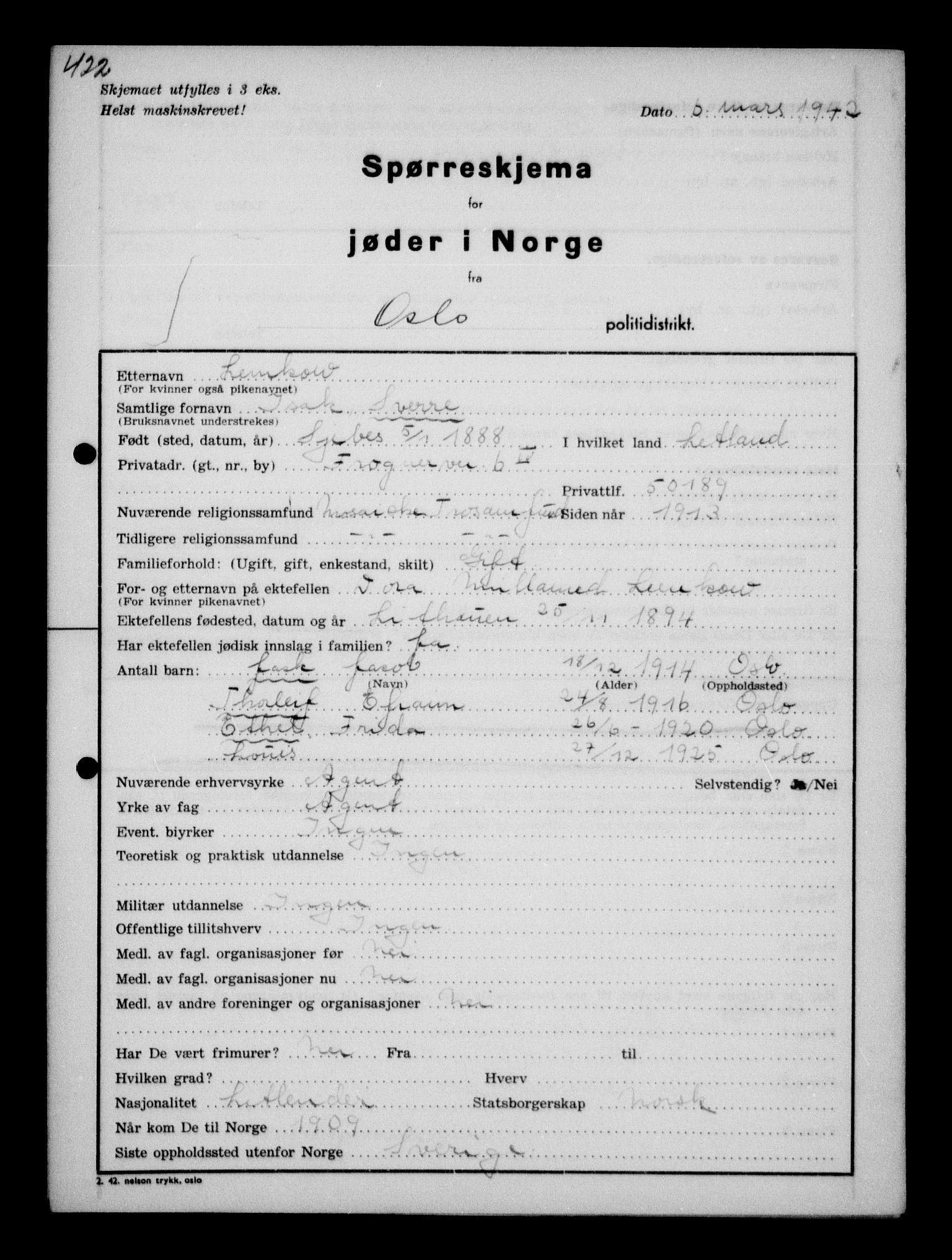 Statspolitiet - Hovedkontoret / Osloavdelingen, AV/RA-S-1329/G/Ga/L0010: Spørreskjema for jøder i Norge, Oslo Hansen-Pintzow, 1942, s. 484