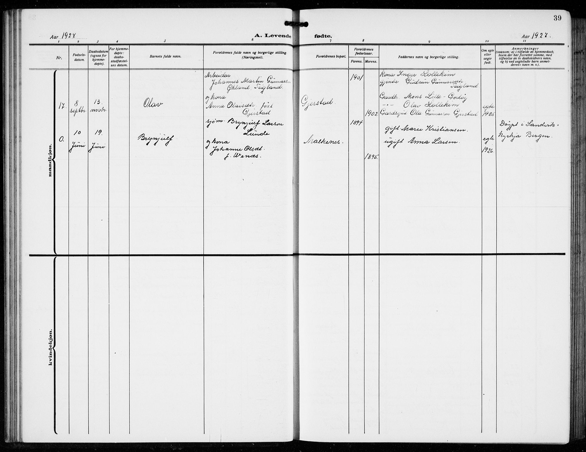Tysnes sokneprestembete, AV/SAB-A-78601/H/Hab: Klokkerbok nr. B  3, 1918-1935, s. 39