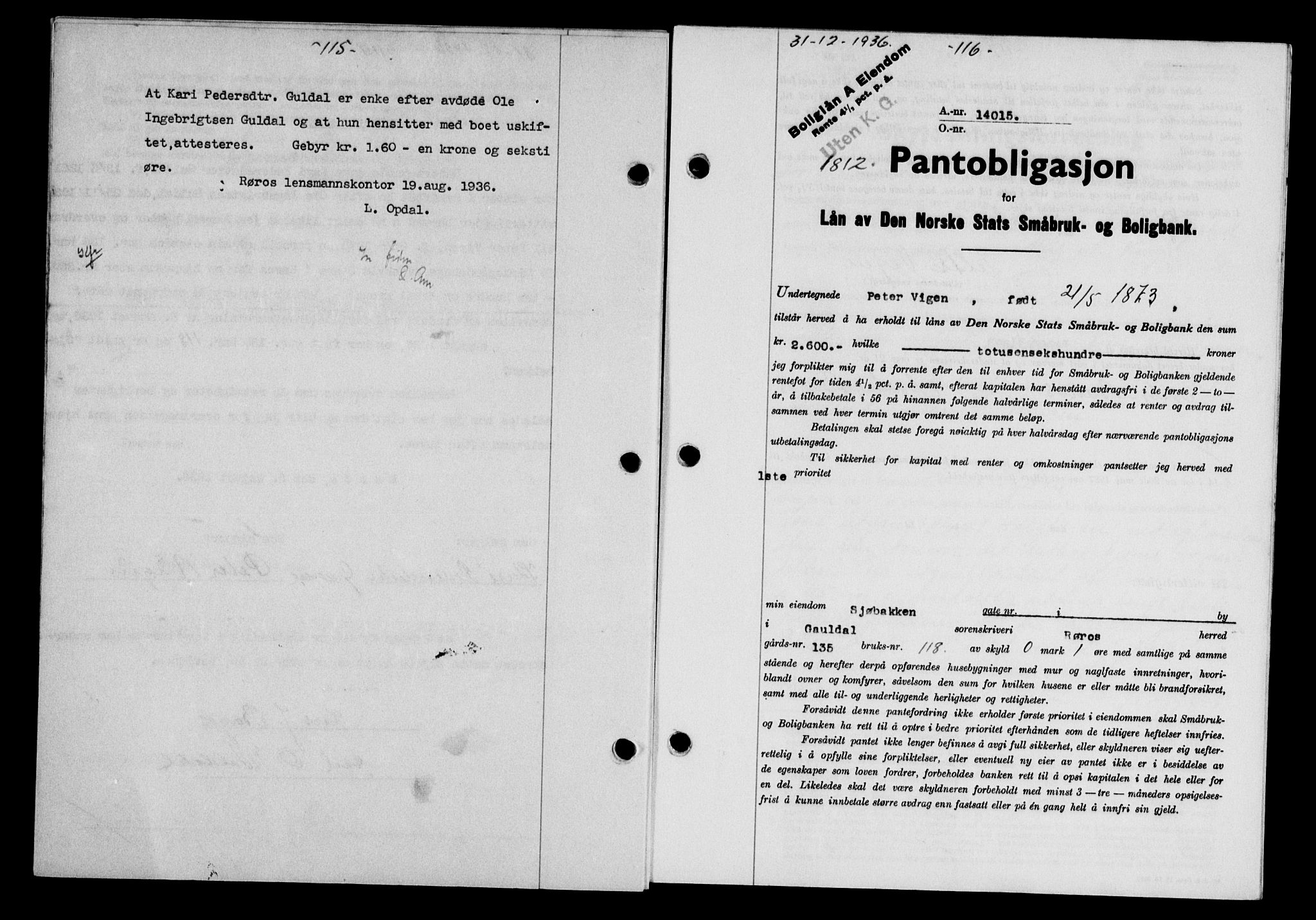 Gauldal sorenskriveri, SAT/A-0014/1/2/2C/L0046: Pantebok nr. 49-50, 1936-1937, Dagboknr: 1812/1936