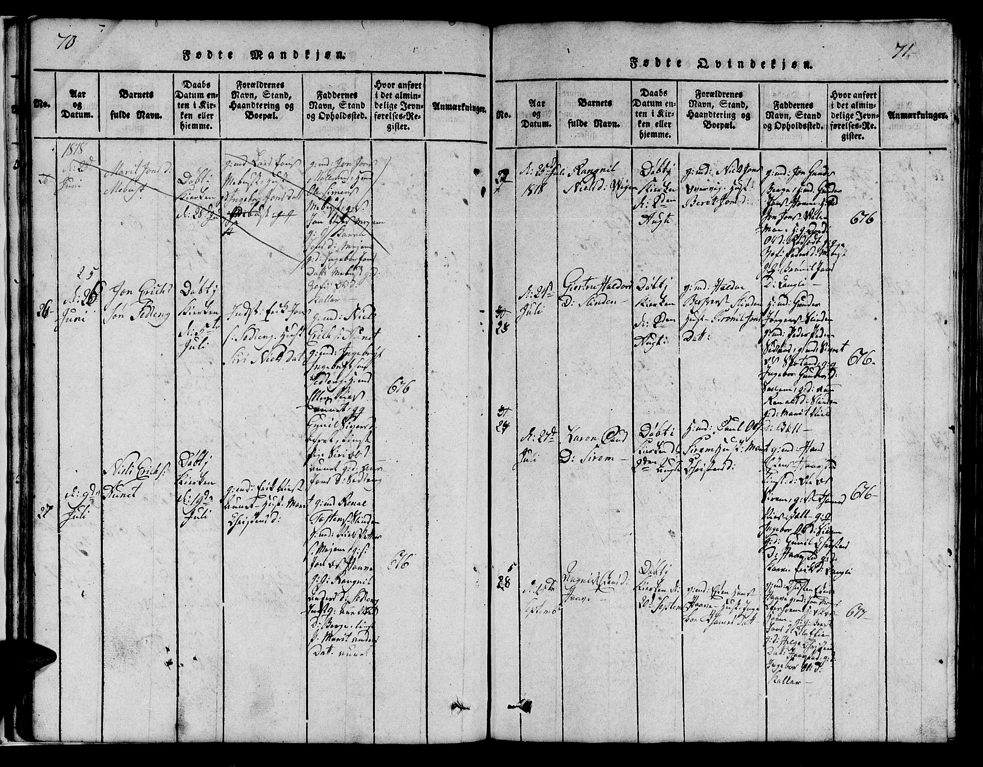 Ministerialprotokoller, klokkerbøker og fødselsregistre - Sør-Trøndelag, AV/SAT-A-1456/695/L1152: Klokkerbok nr. 695C03, 1816-1831, s. 70-71