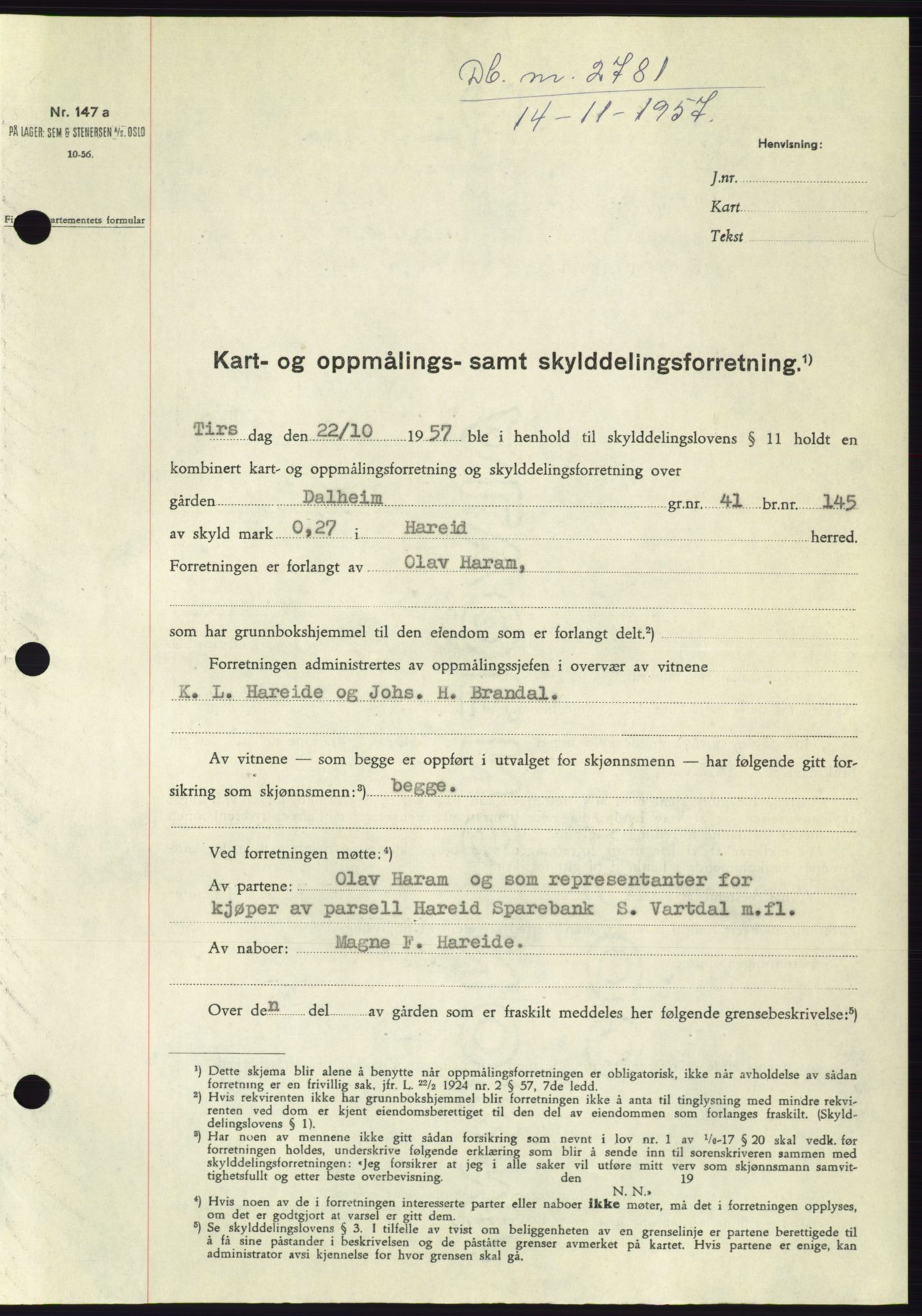 Søre Sunnmøre sorenskriveri, SAT/A-4122/1/2/2C/L0108: Pantebok nr. 34A, 1957-1958, Dagboknr: 2781/1957