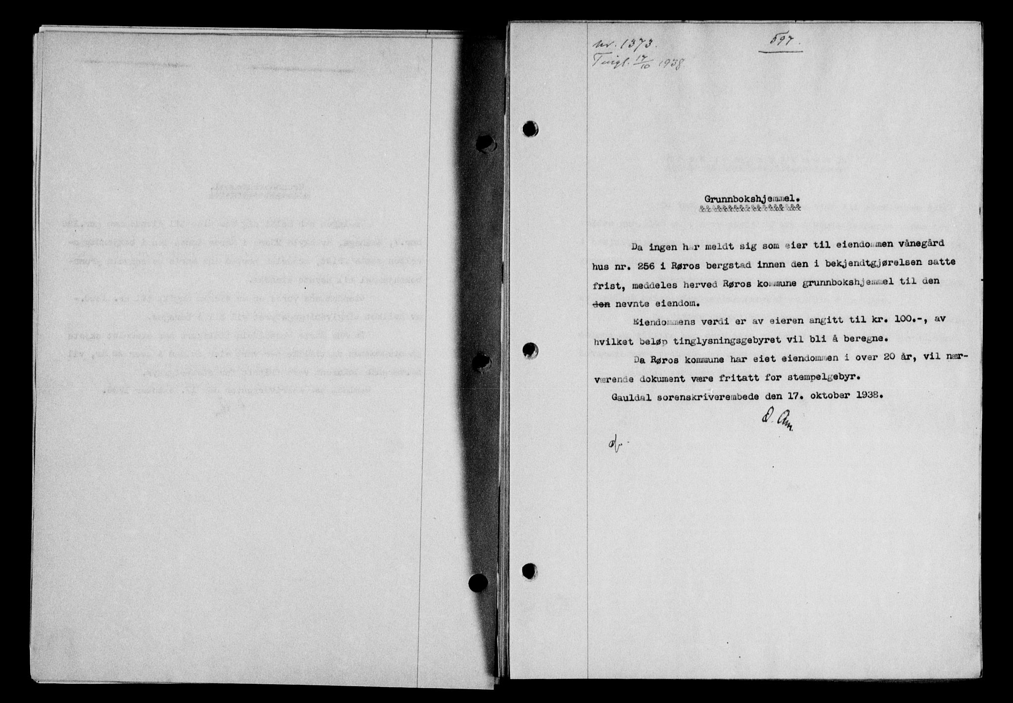 Gauldal sorenskriveri, SAT/A-0014/1/2/2C/L0049: Pantebok nr. 53, 1938-1938, Dagboknr: 1373/1938