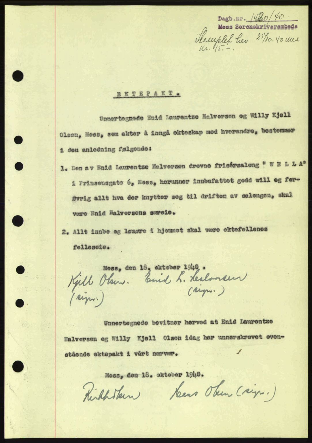 Moss sorenskriveri, SAO/A-10168: Pantebok nr. B10, 1940-1941, Dagboknr: 1430/1940
