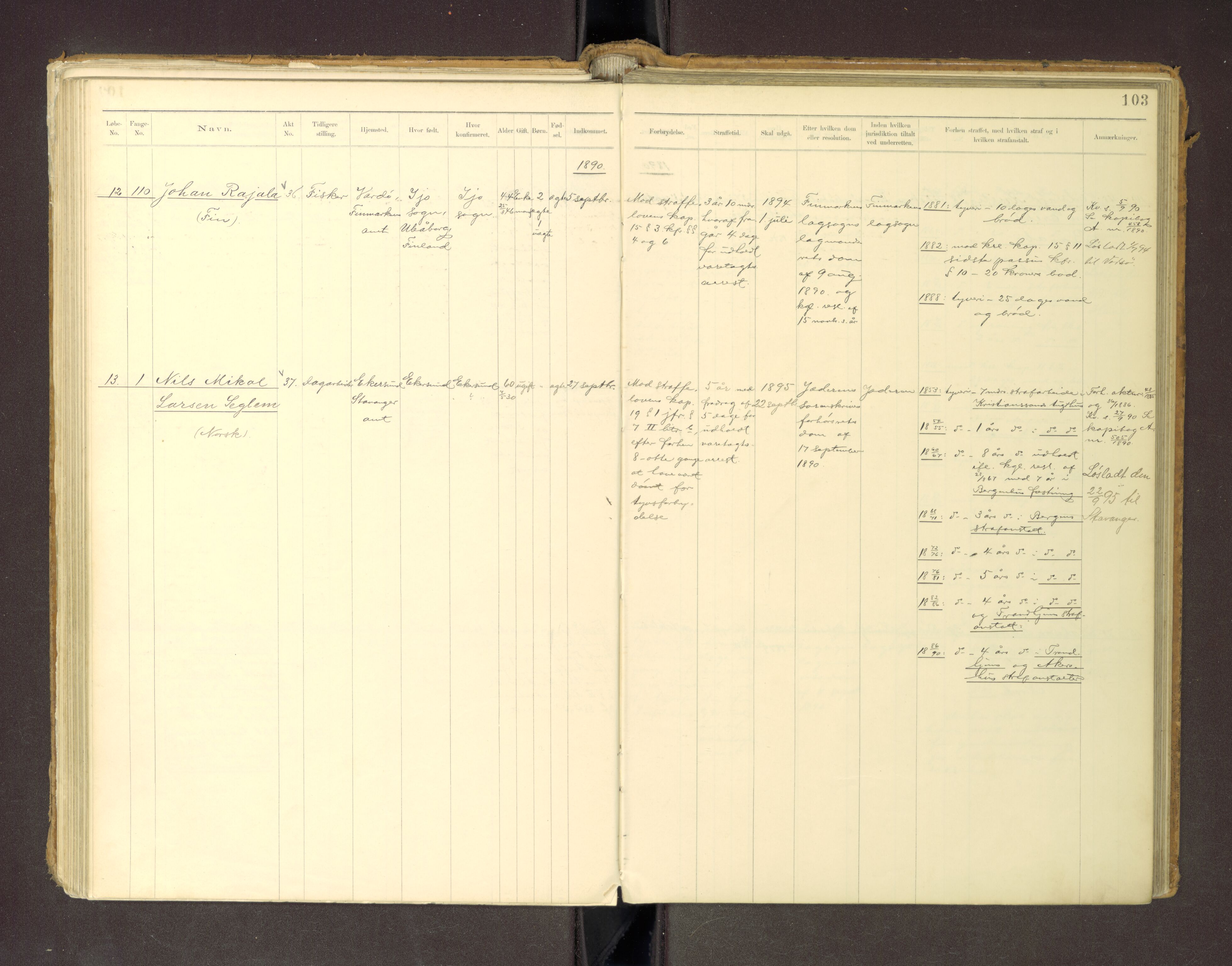 Trondheim tukthus, AV/SAT-A-4619/05/65/L0036: 65.36 Fangeprotokoll m/reg, 1885-1898, s. 103