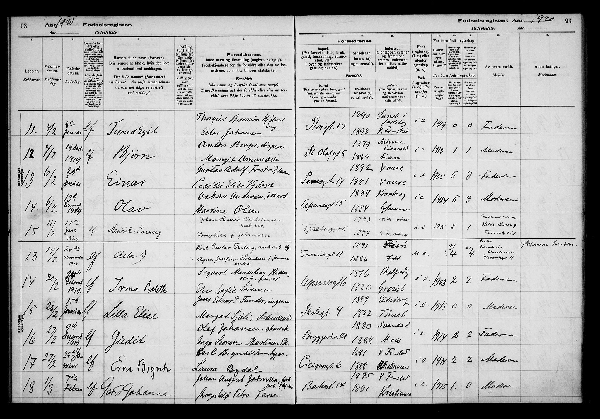 Fredrikstad domkirkes prestekontor Kirkebøker, AV/SAO-A-10906/J/*Ja/L0001: Fødselsregister nr. 1, 1916-1925, s. 93