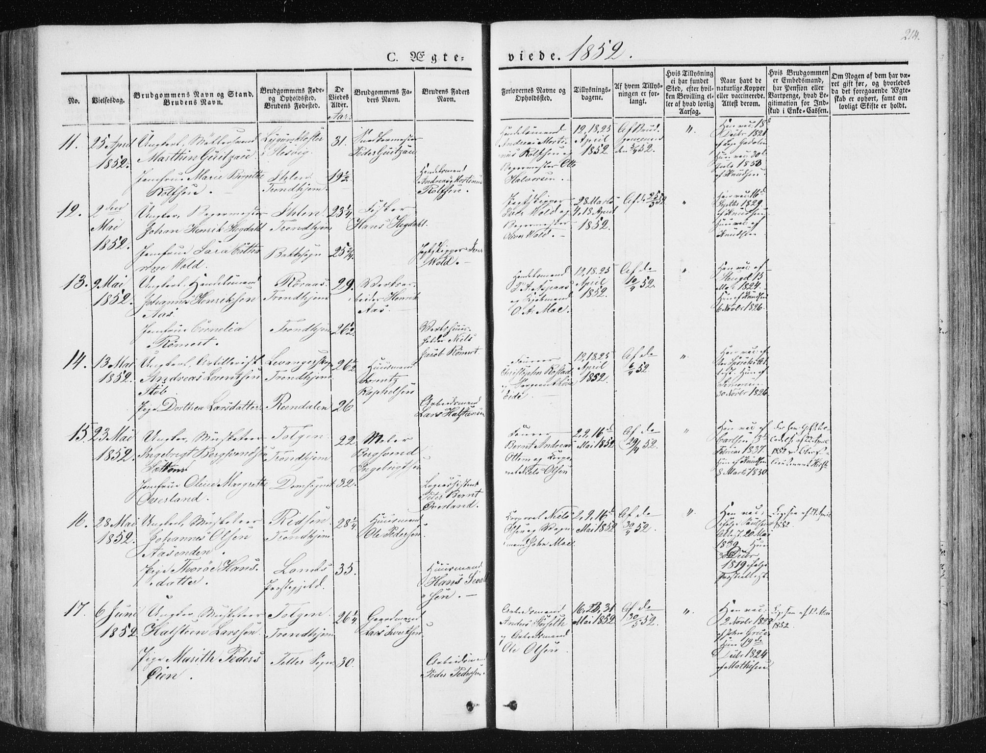 Ministerialprotokoller, klokkerbøker og fødselsregistre - Sør-Trøndelag, SAT/A-1456/602/L0110: Ministerialbok nr. 602A08, 1840-1854, s. 214