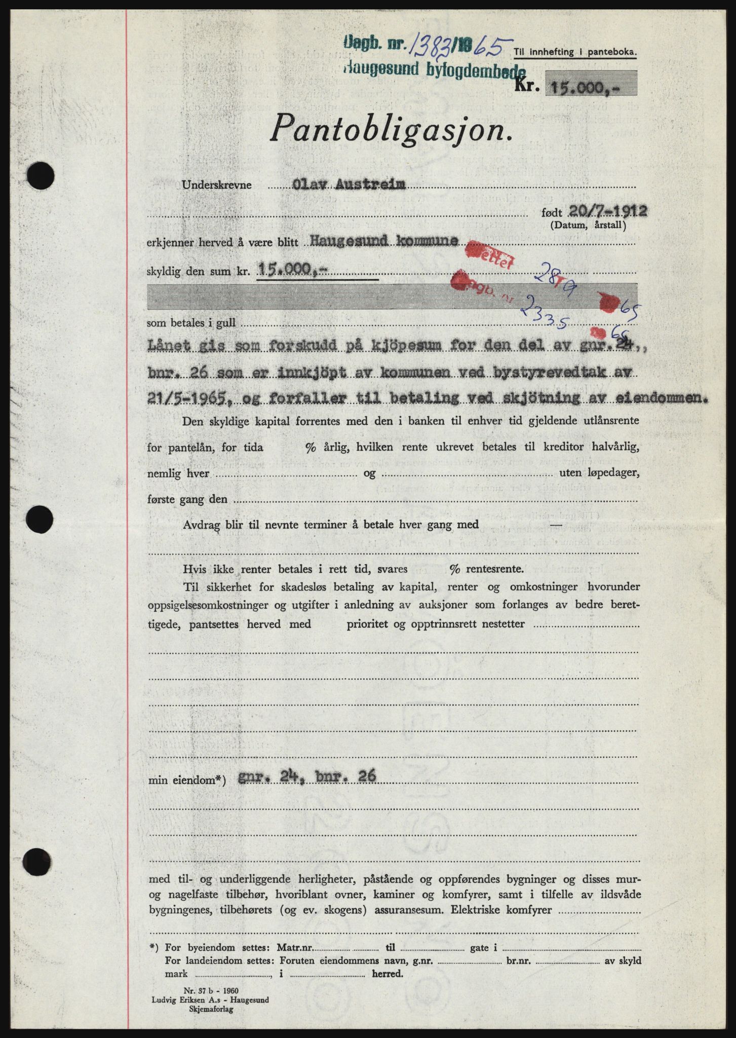 Haugesund tingrett, SAST/A-101415/01/II/IIC/L0053: Pantebok nr. B 53, 1965-1965, Dagboknr: 1383/1965