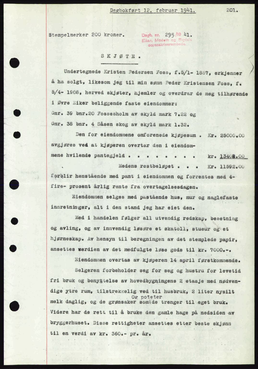 Eiker, Modum og Sigdal sorenskriveri, SAKO/A-123/G/Ga/Gab/L0043: Pantebok nr. A13, 1940-1941, Dagboknr: 295/1941
