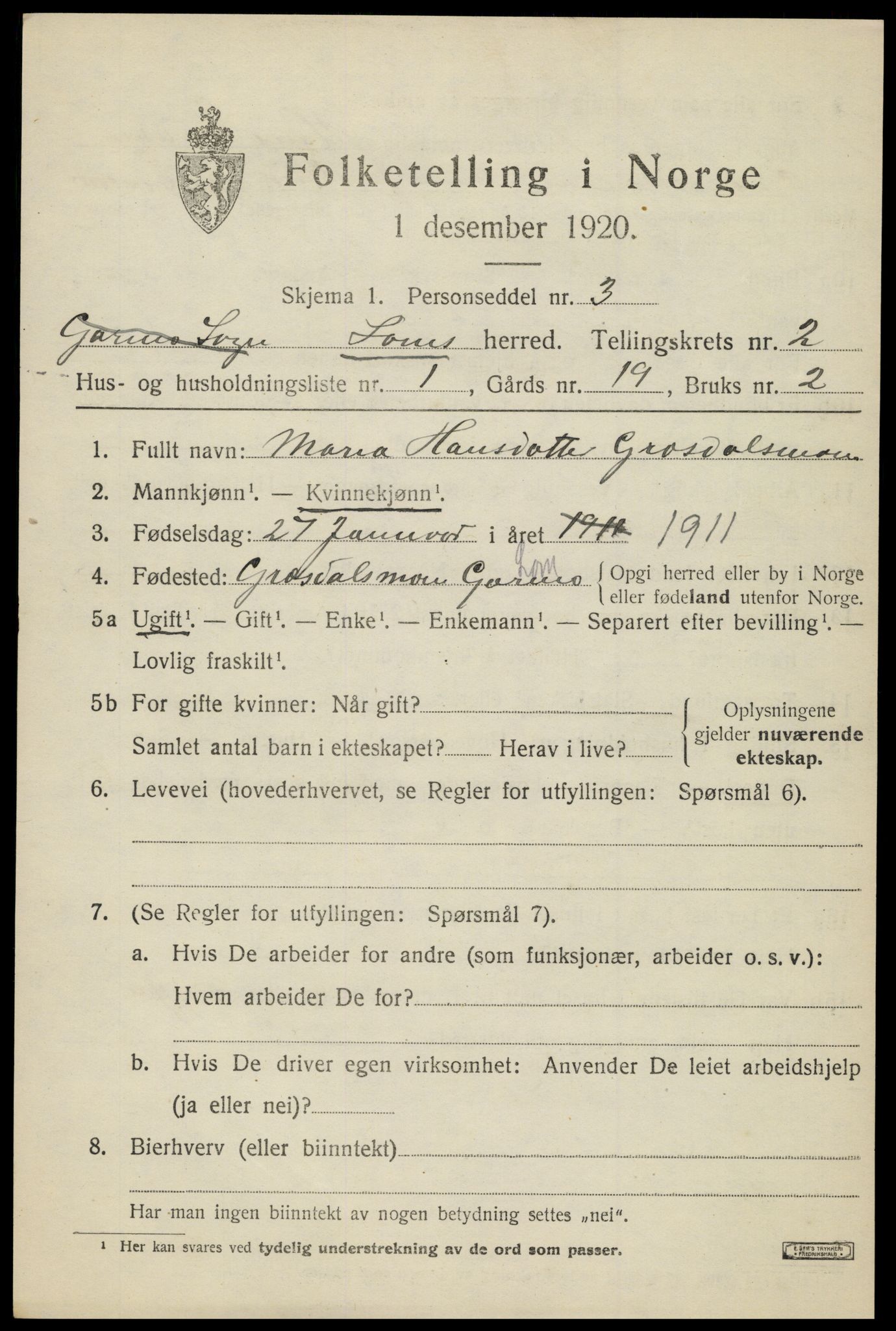 SAH, Folketelling 1920 for 0514 Lom herred, 1920, s. 1776