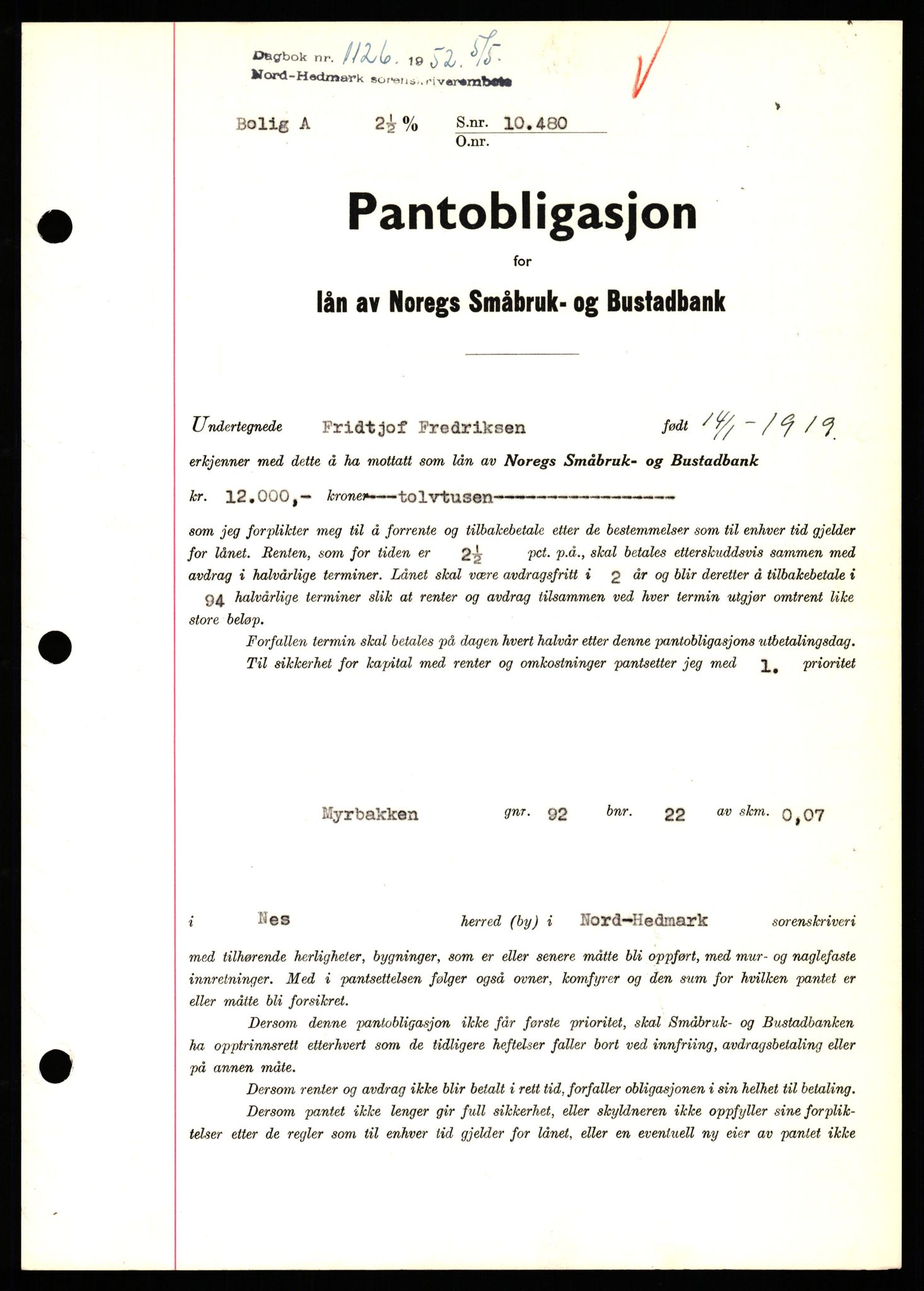 Nord-Hedmark sorenskriveri, SAH/TING-012/H/Hb/Hbf/L0025: Pantebok nr. B25, 1952-1952, Dagboknr: 1126/1952