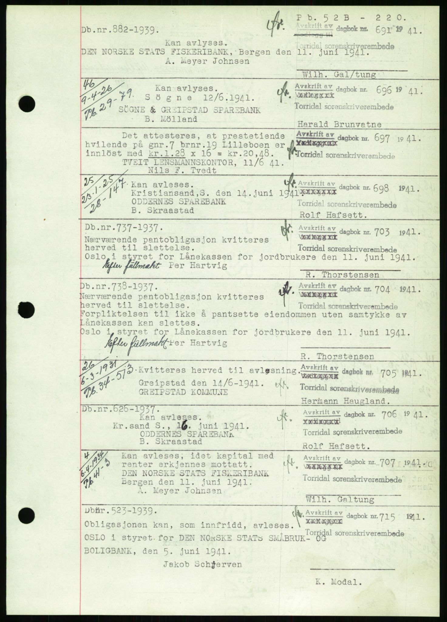 Torridal sorenskriveri, SAK/1221-0012/G/Gb/Gbb/L0008: Pantebok nr. 52b, 1940-1942, Dagboknr: 691/1941
